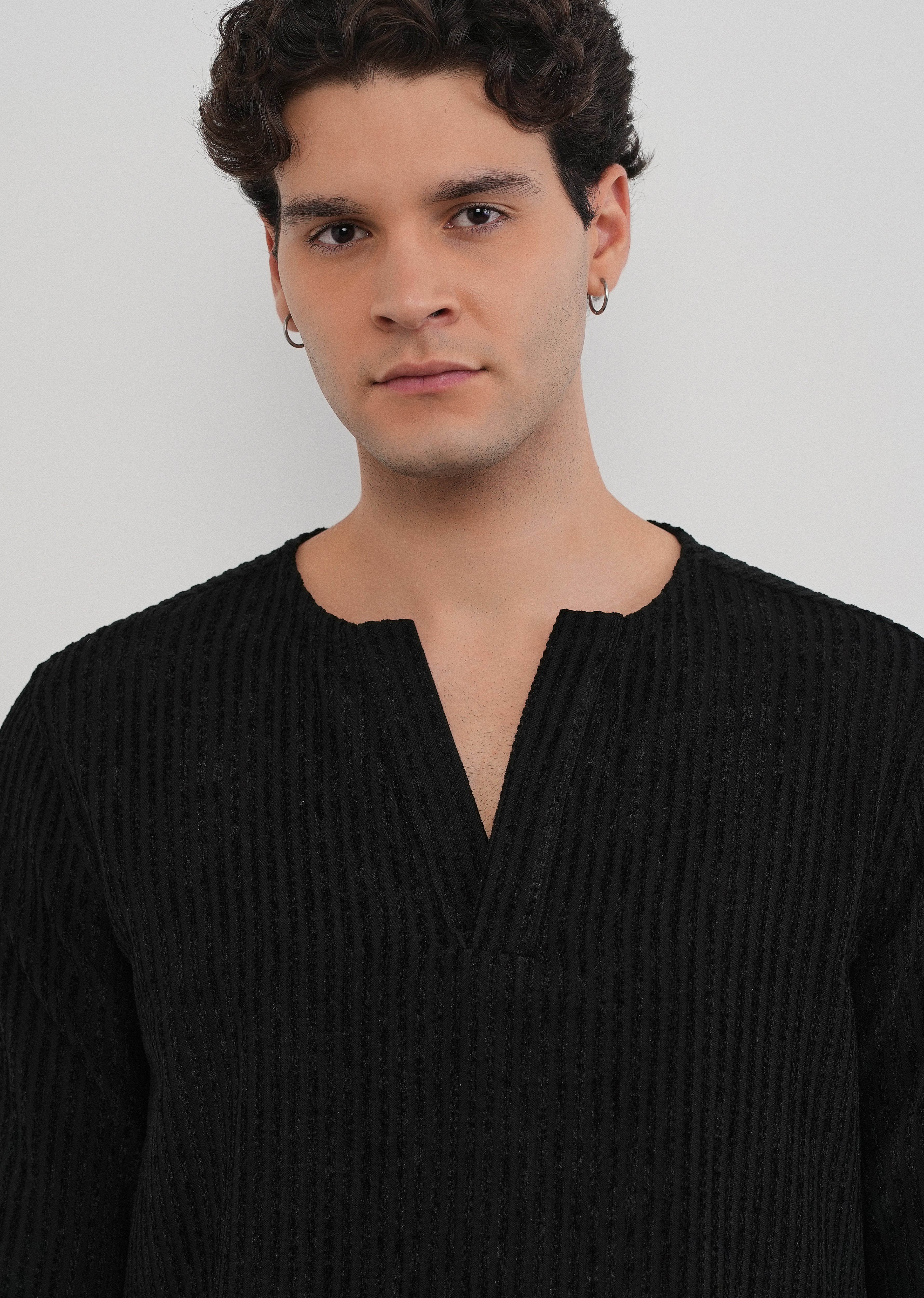Black Jacquard Stripe Short Kurta