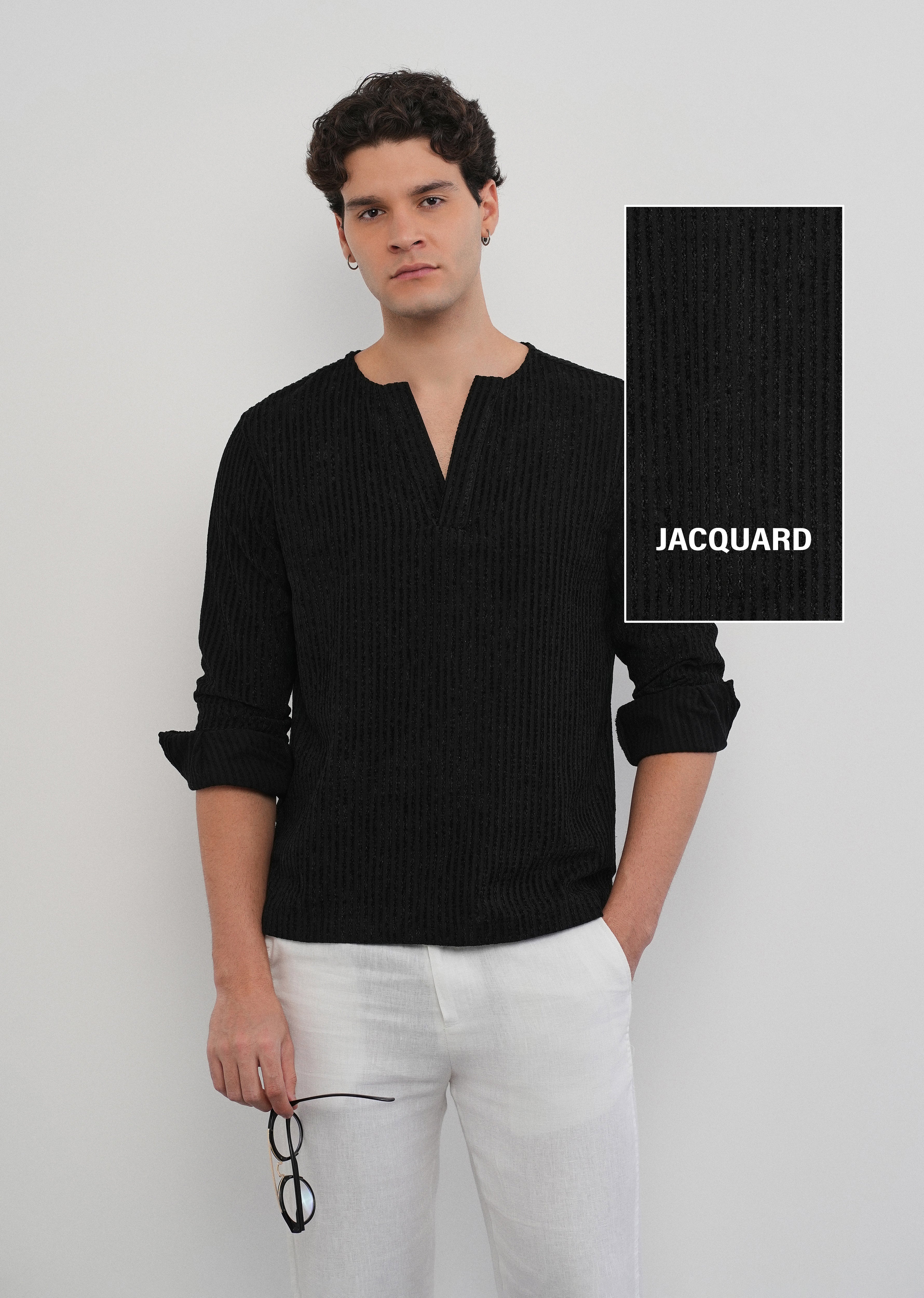 Black Jacquard Stripe Short Kurta