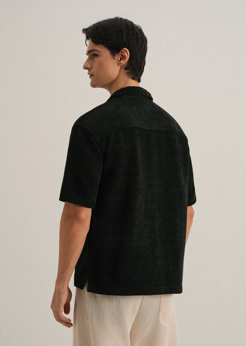 Black Suede Knit Cuban Collar Shirt