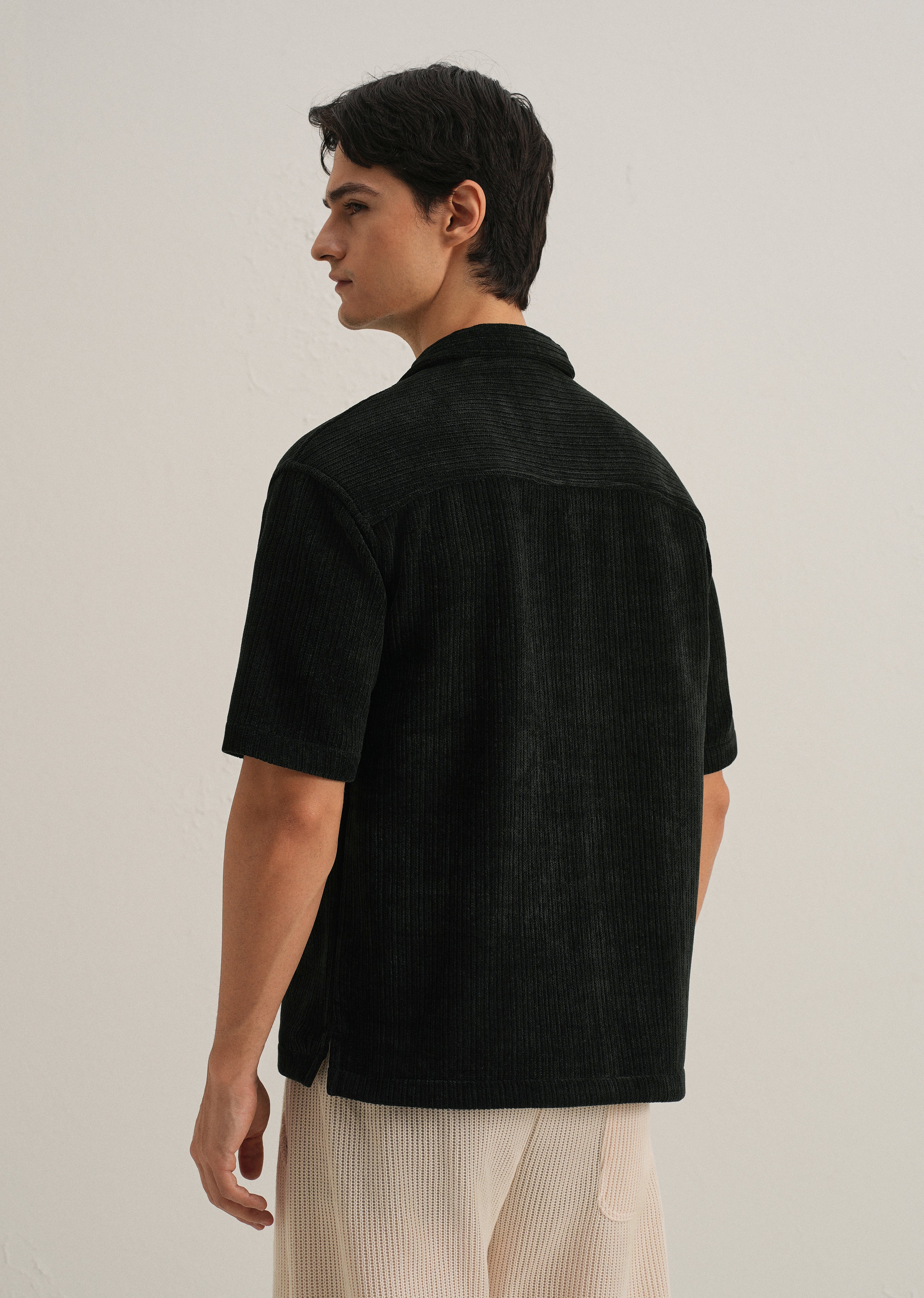 Black Suede Knit Cuban Collar Shirt