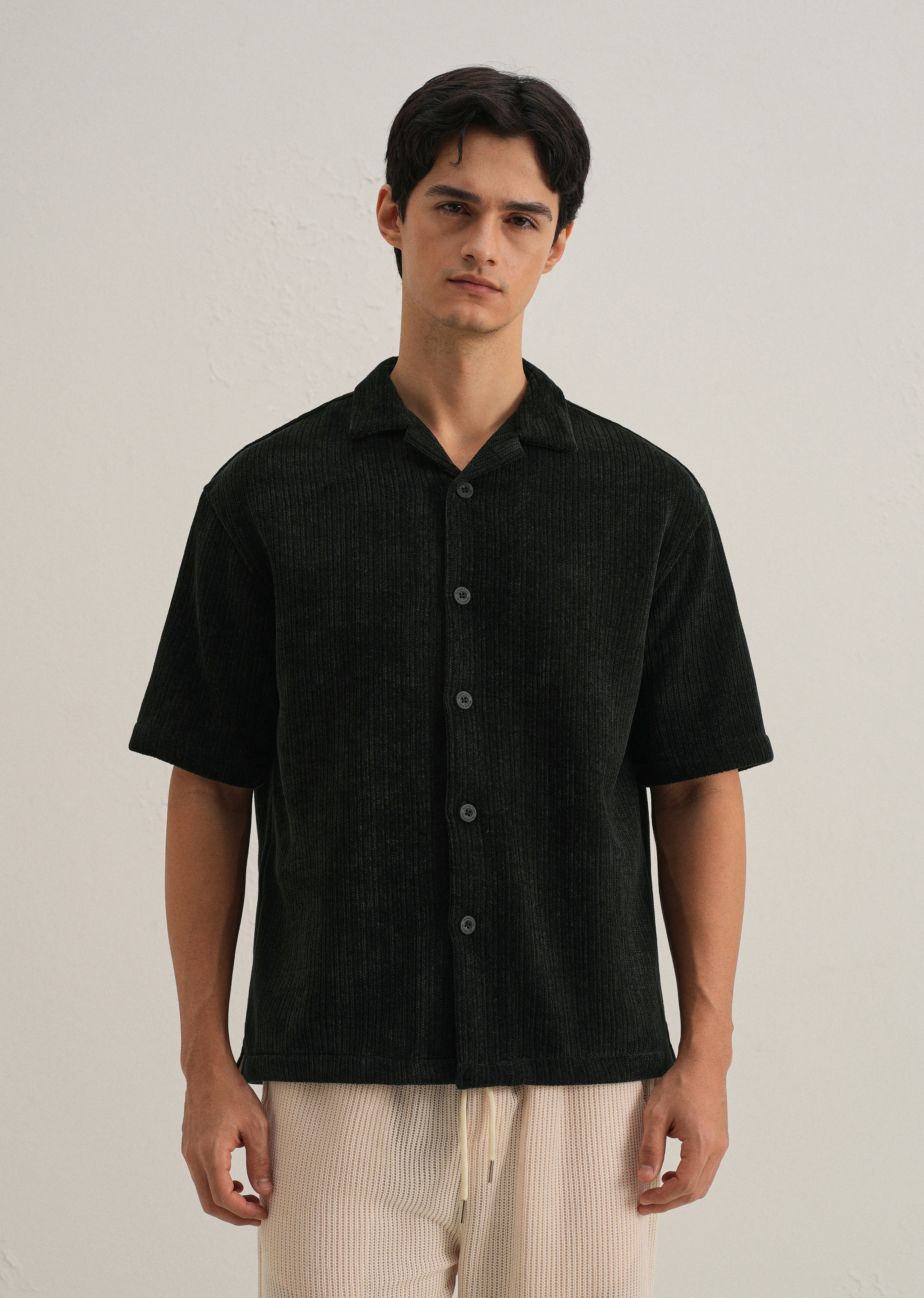 Black Suede Knit Cuban Collar Shirt