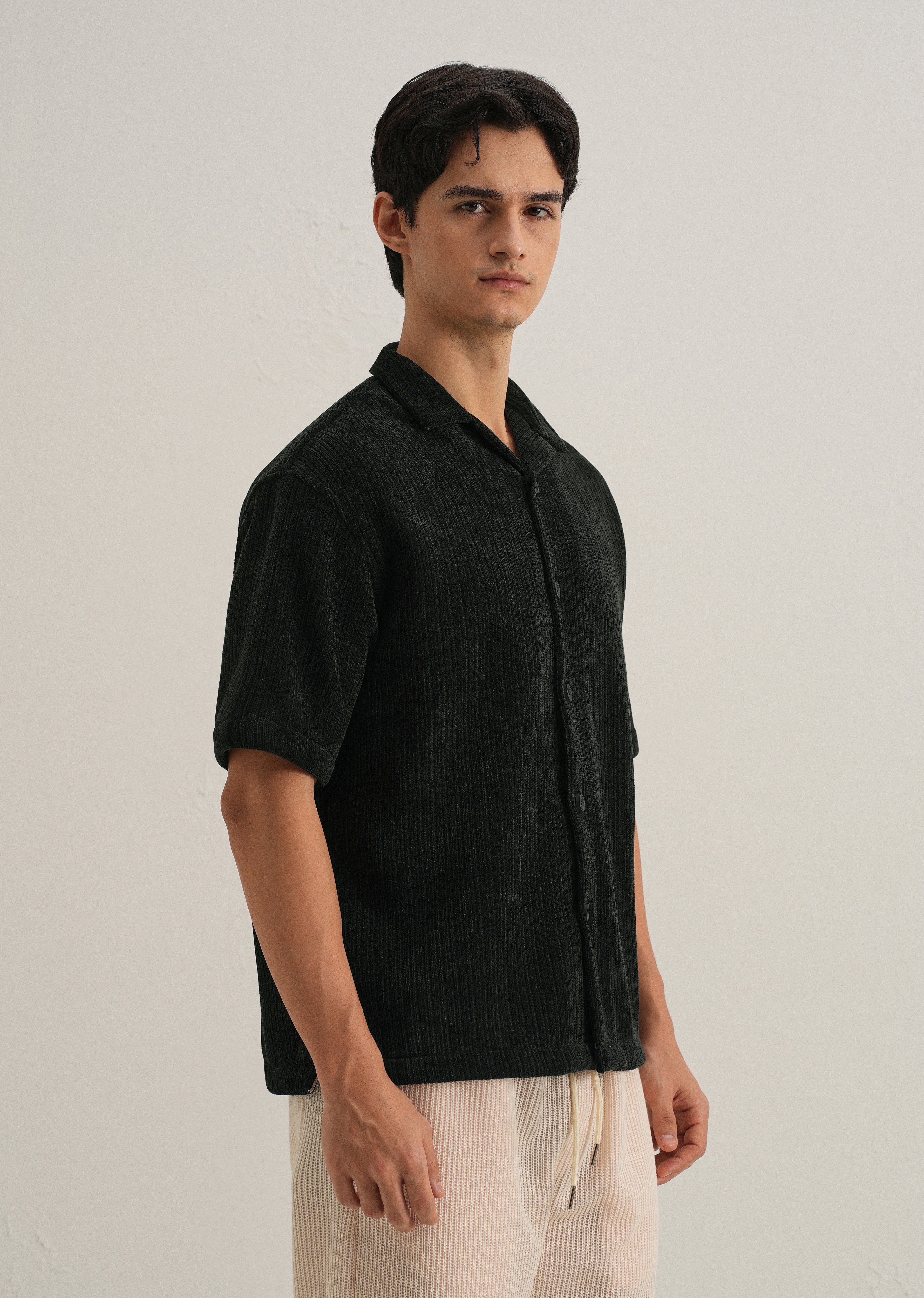 Black Suede Knit Cuban Collar Shirt