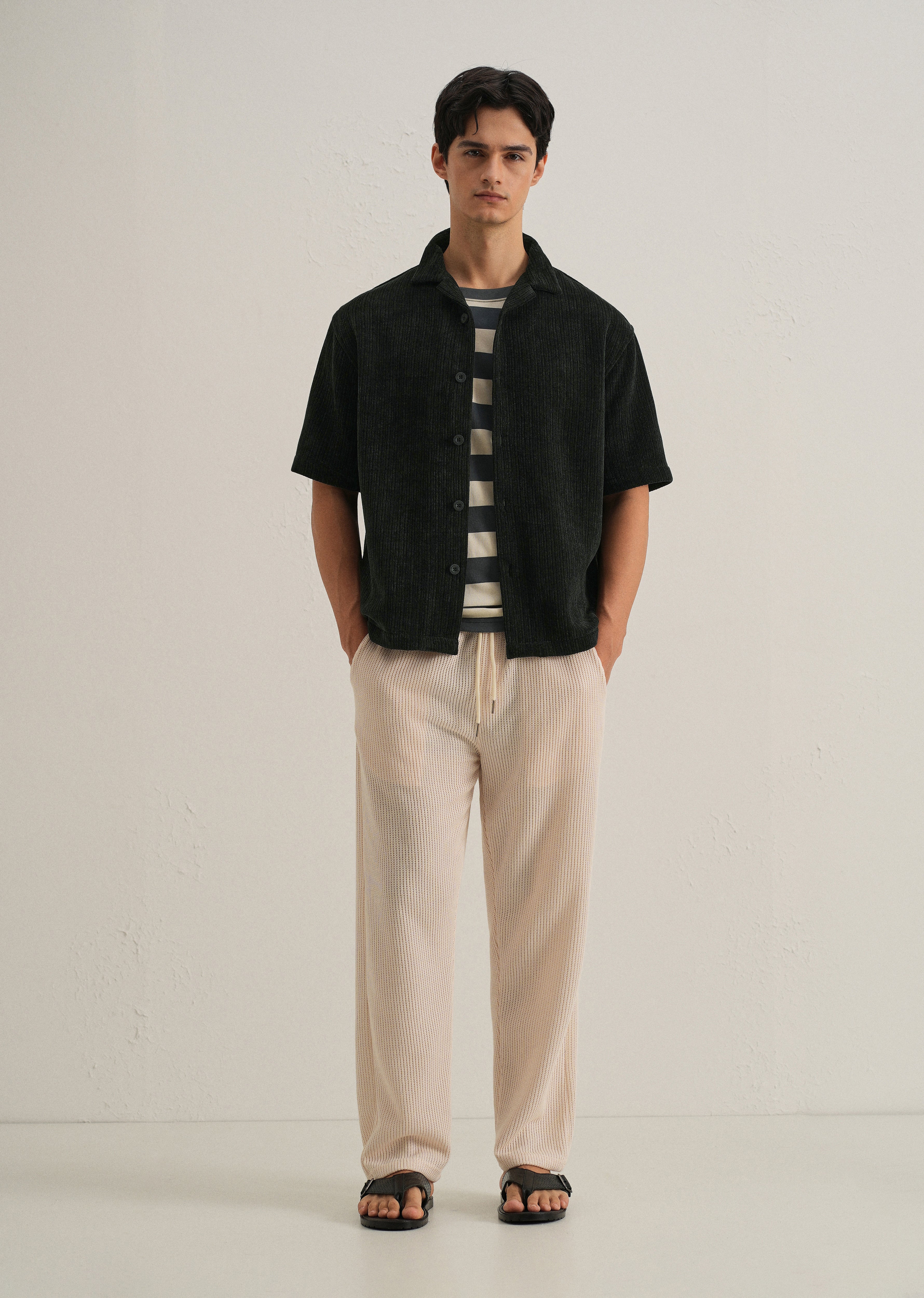 Black Suede Knit Cuban Collar Shirt