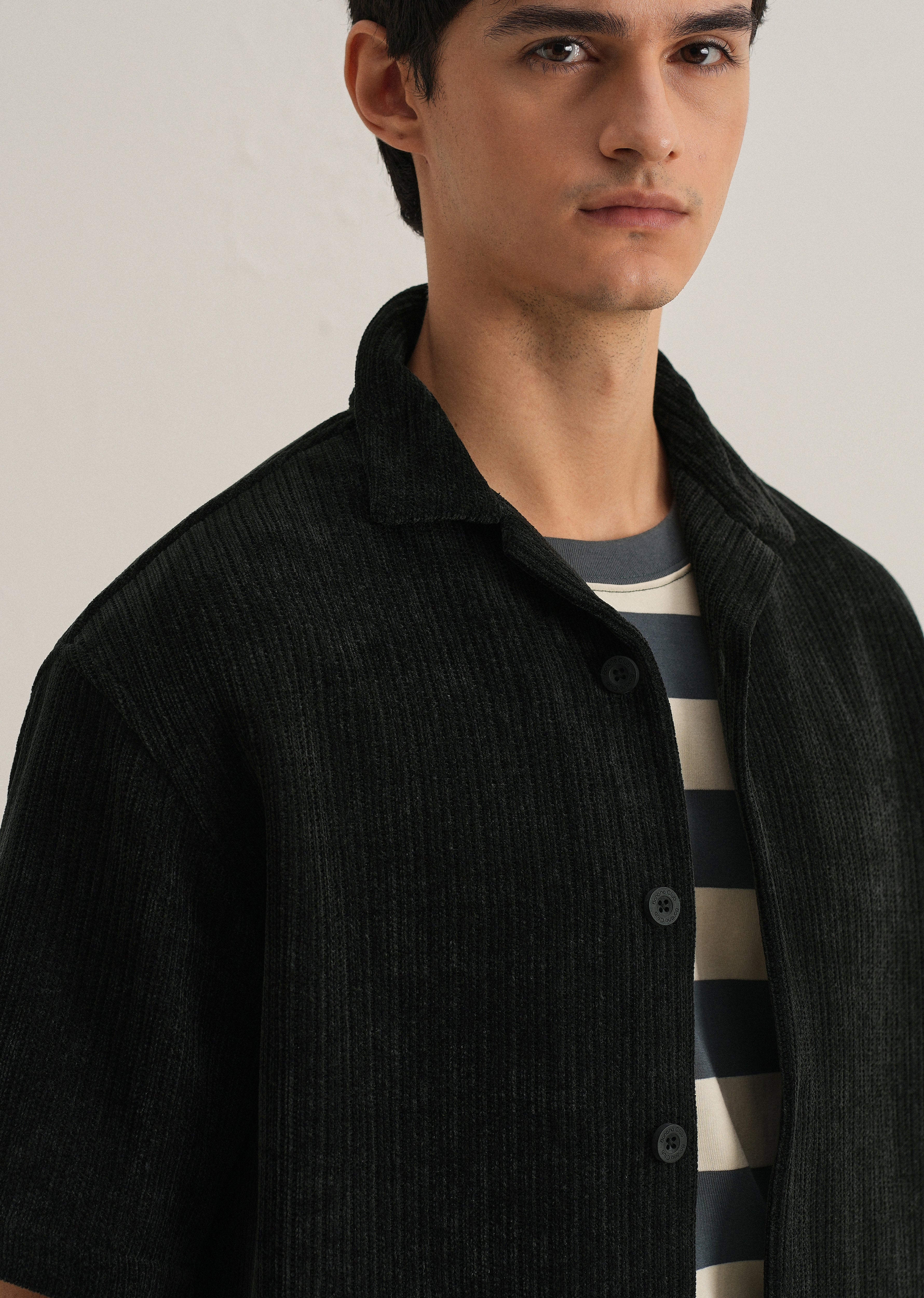 Black Suede Knit Cuban Collar Shirt
