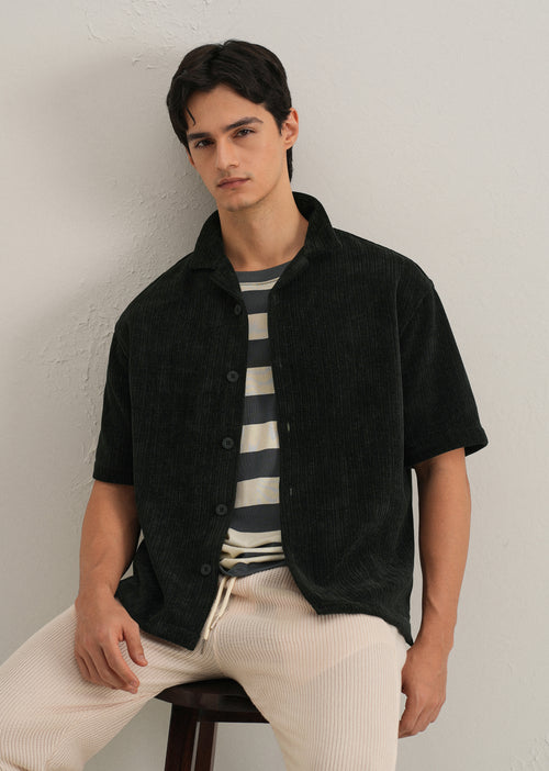 Black Suede Knit Cuban Collar Shirt