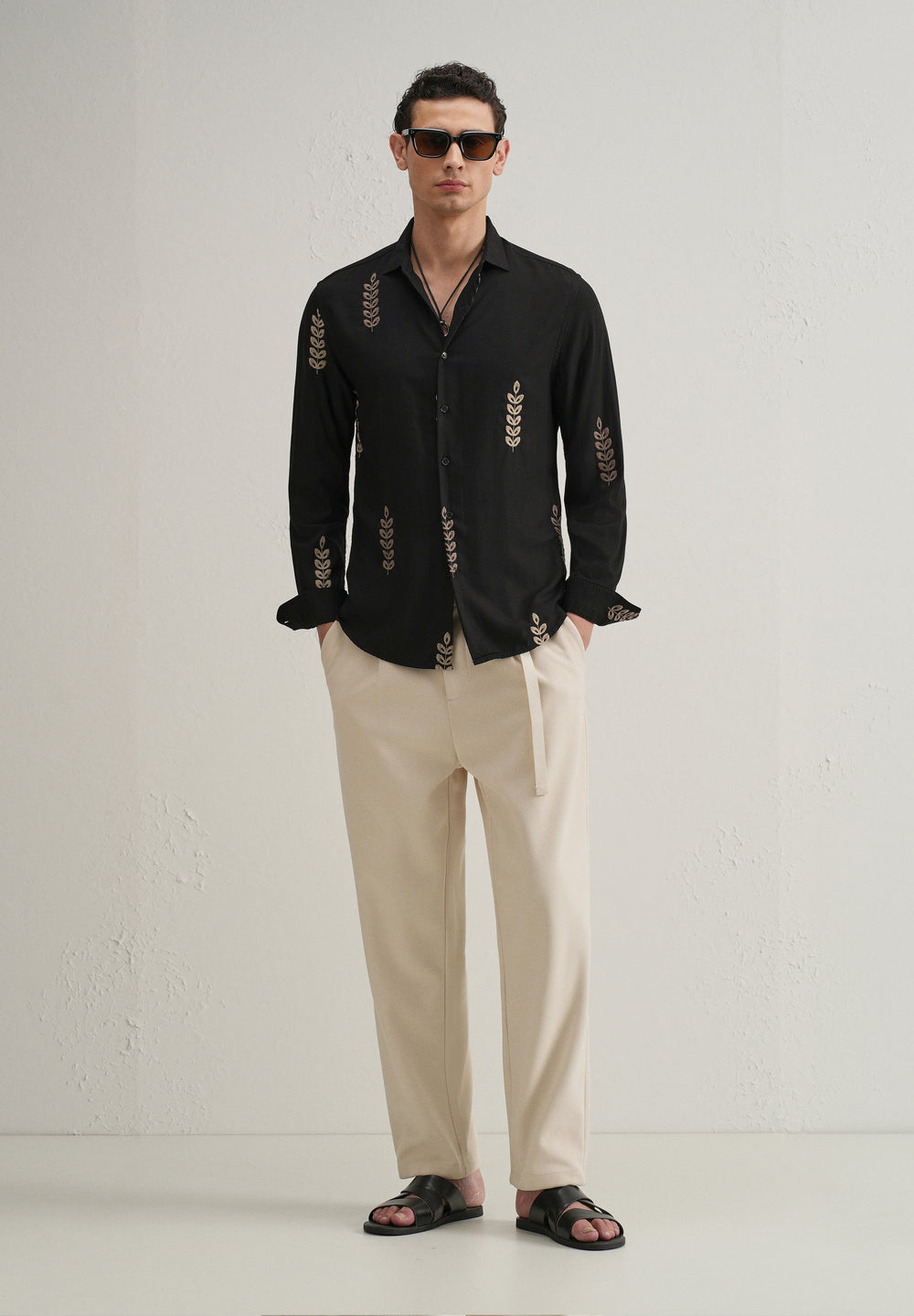 Black Leaf Embroidery Shirt