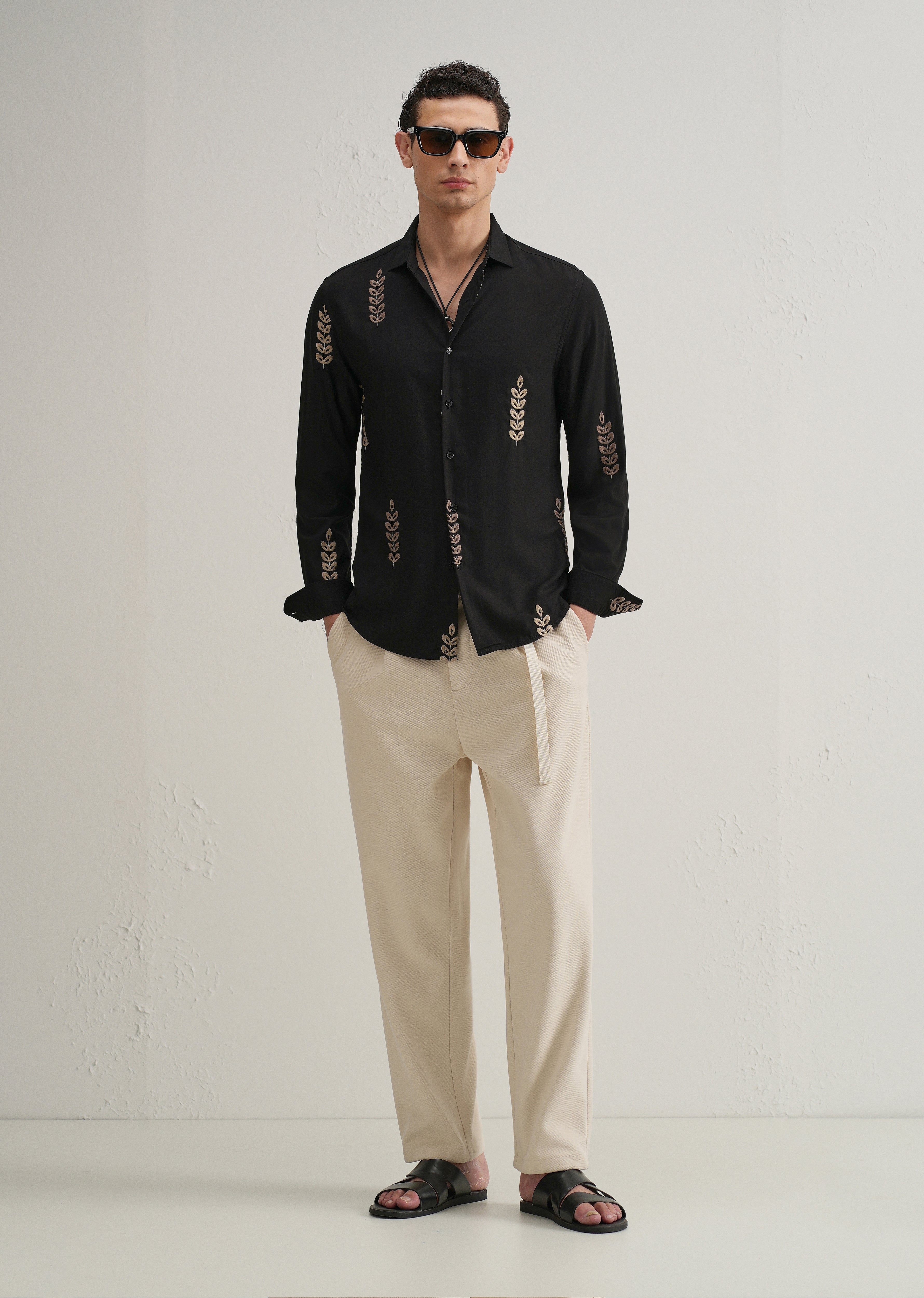 Black Leaf Embroidery Shirt