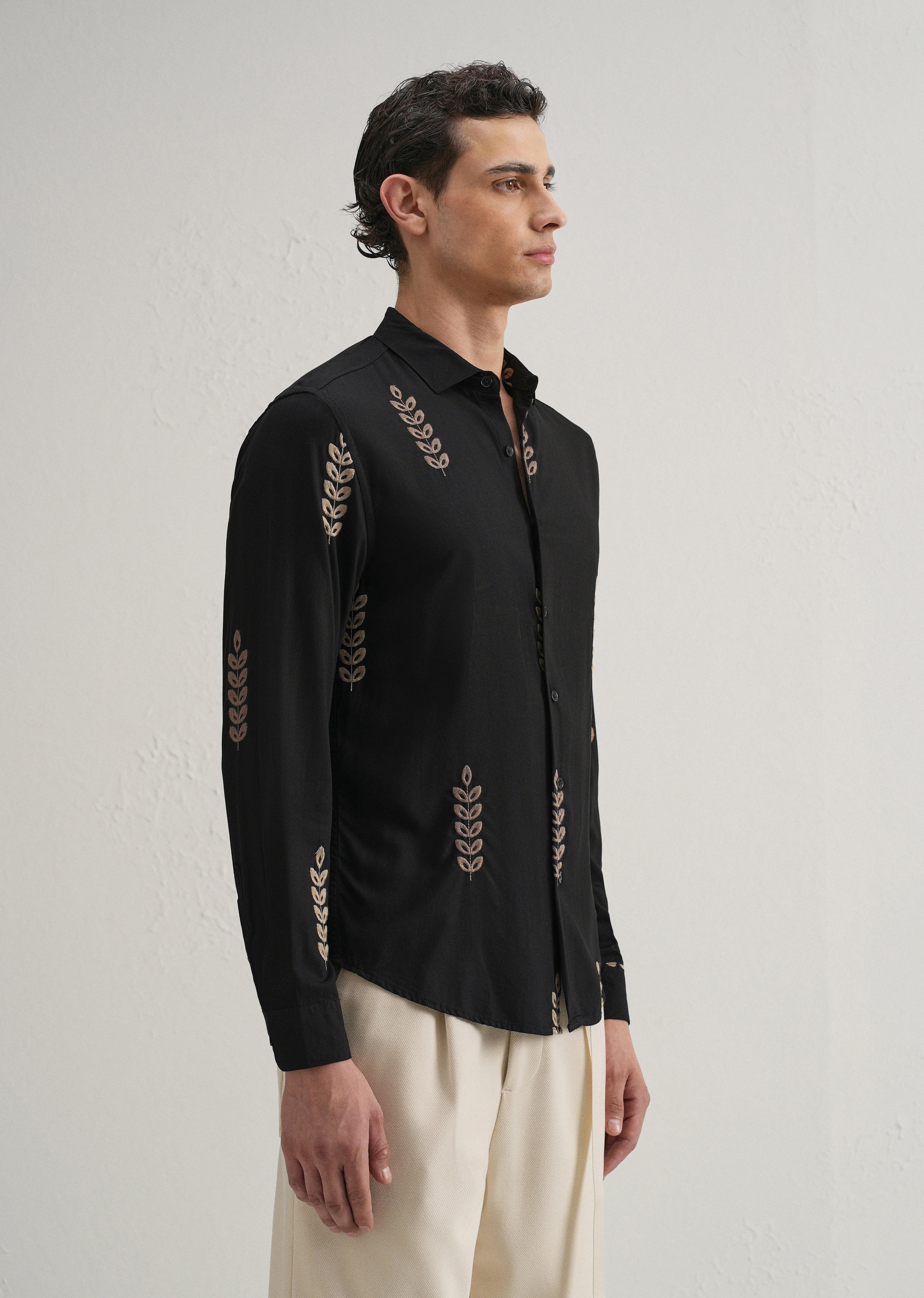 Black Leaf Embroidery Shirt