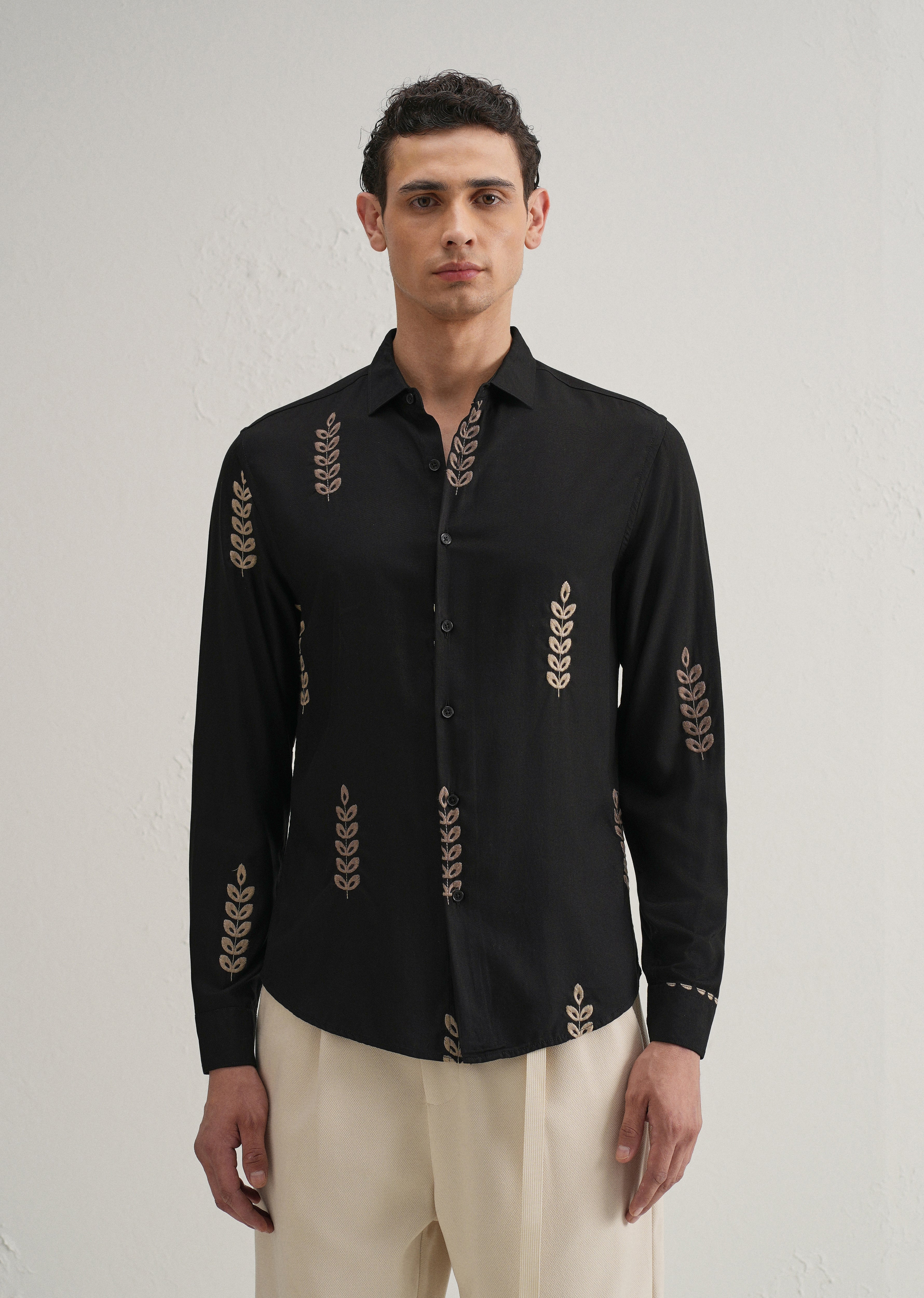 Black Leaf Embroidery Shirt