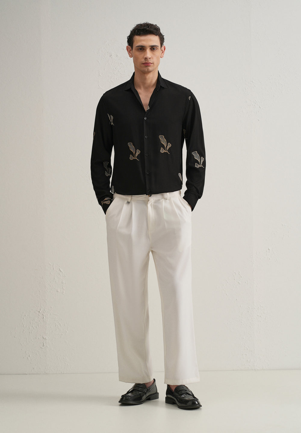 Black Leaf Motif Embroidery Shirt