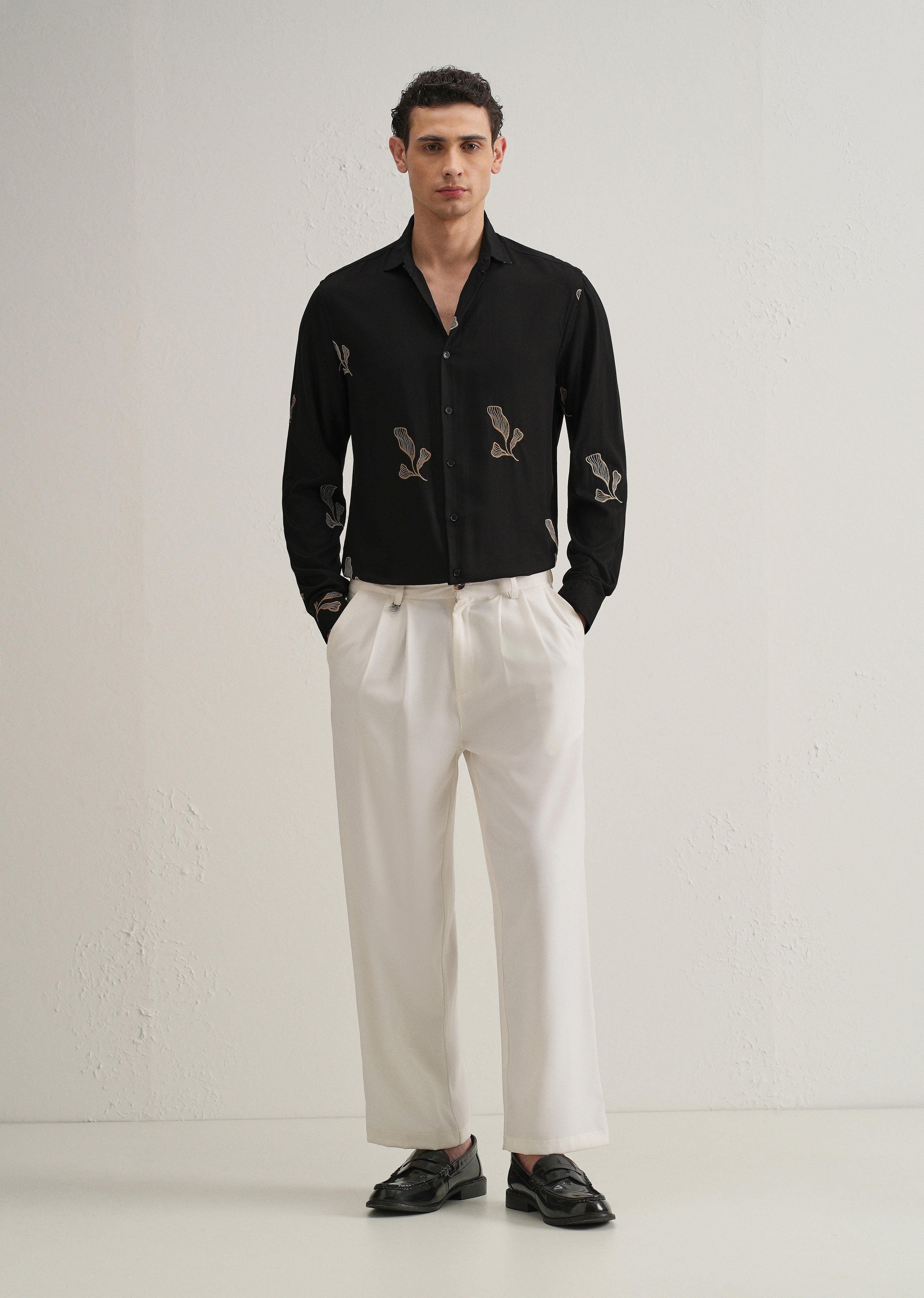 Black Leaf Motif Embroidery Shirt