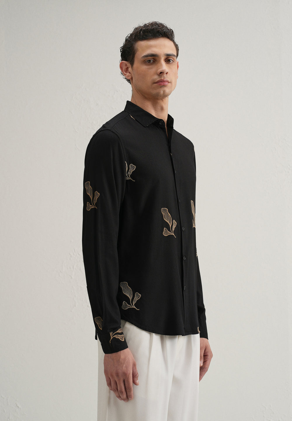 Black Leaf Motif Embroidery Shirt