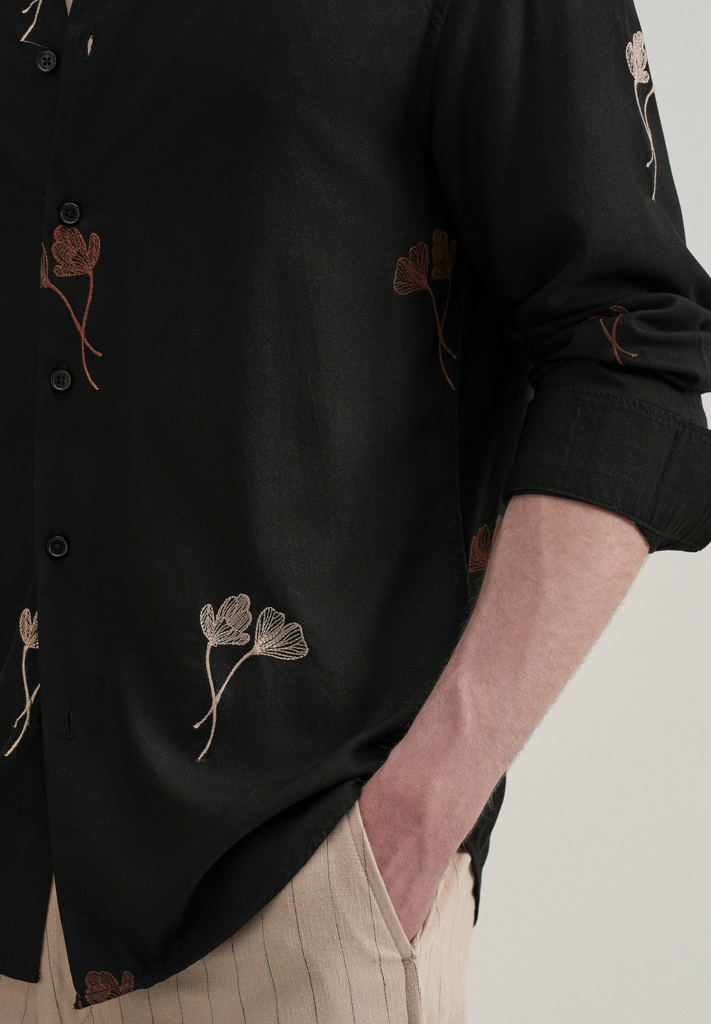 Black Floral Motif Embroidery Shirt