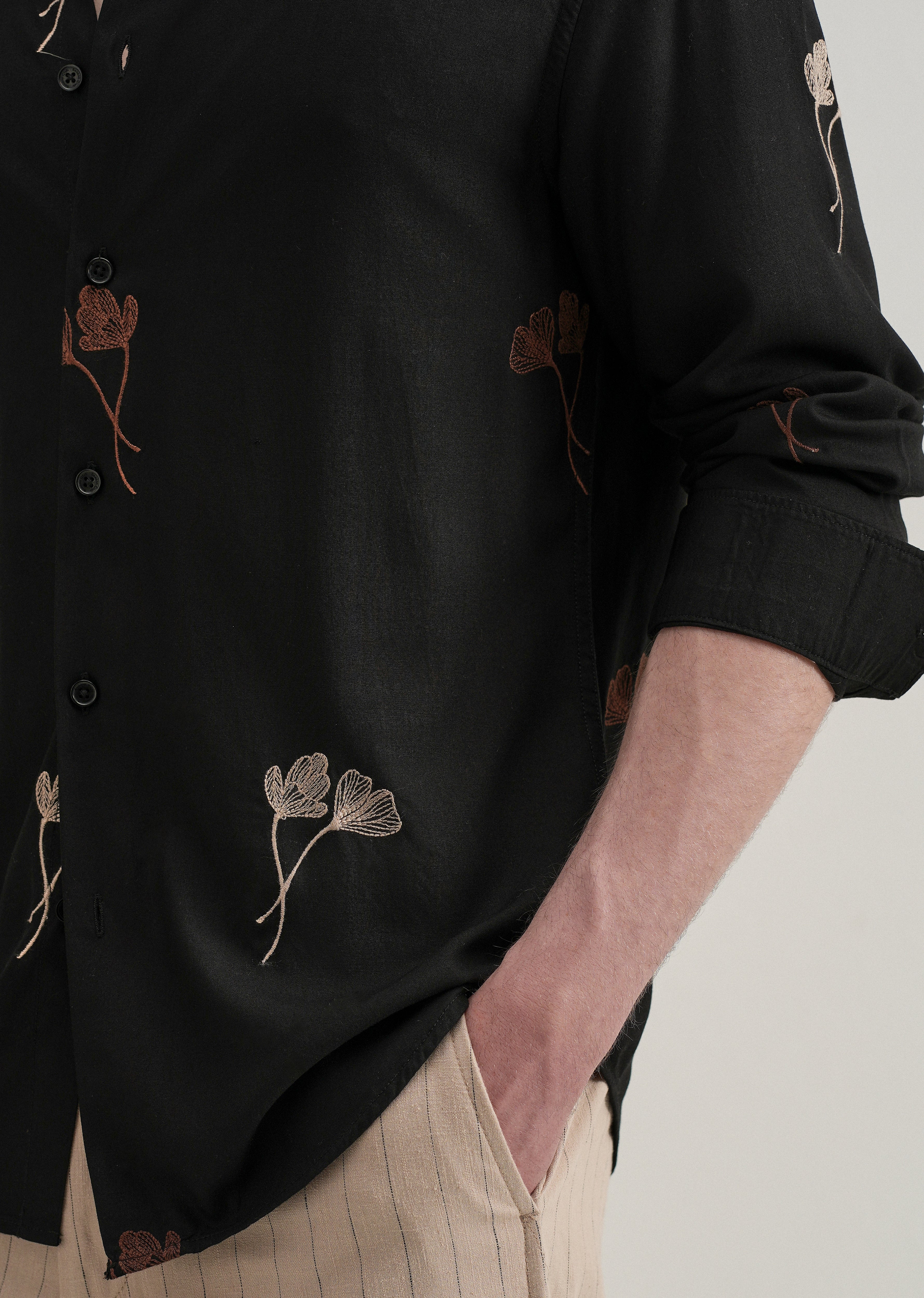 Black Floral Motif Embroidery Shirt