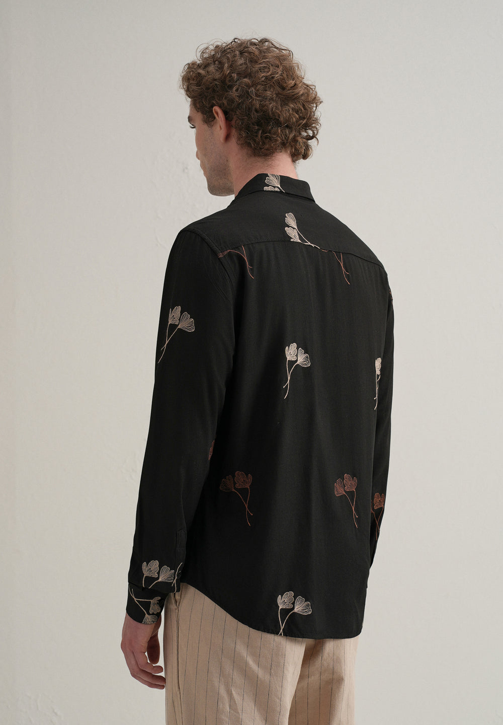 Black Floral Motif Embroidery Shirt