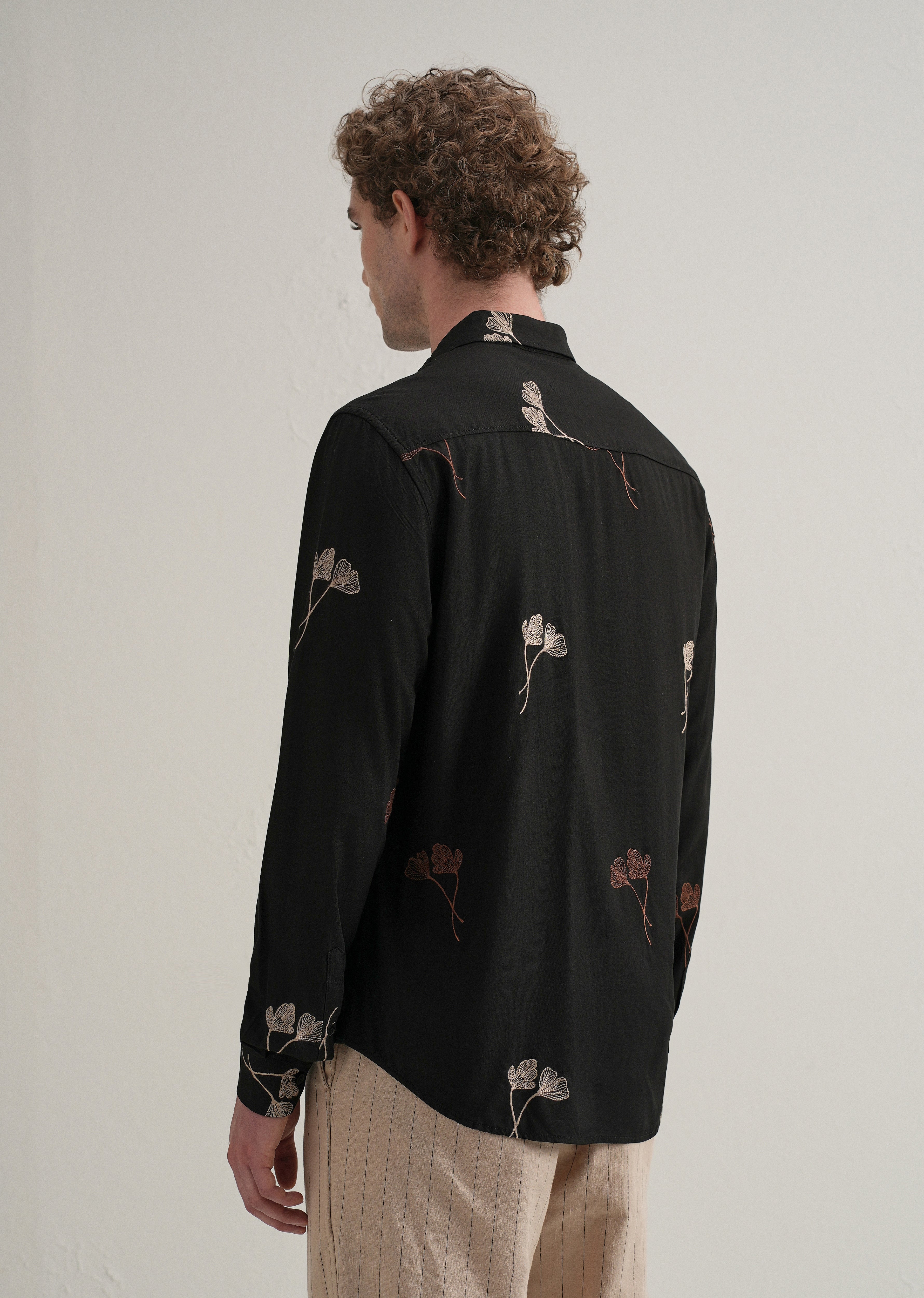 Black Floral Motif Embroidery Shirt