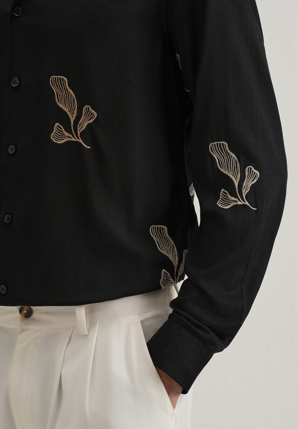 Black Leaf Motif Embroidery Shirt