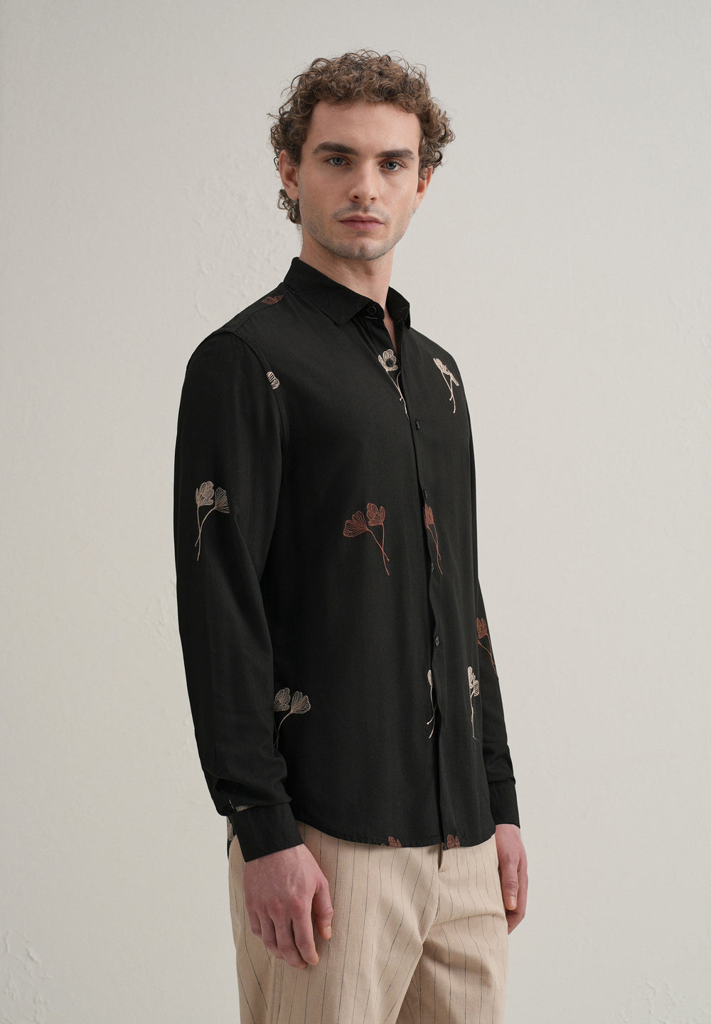 Black Floral Motif Embroidery Shirt