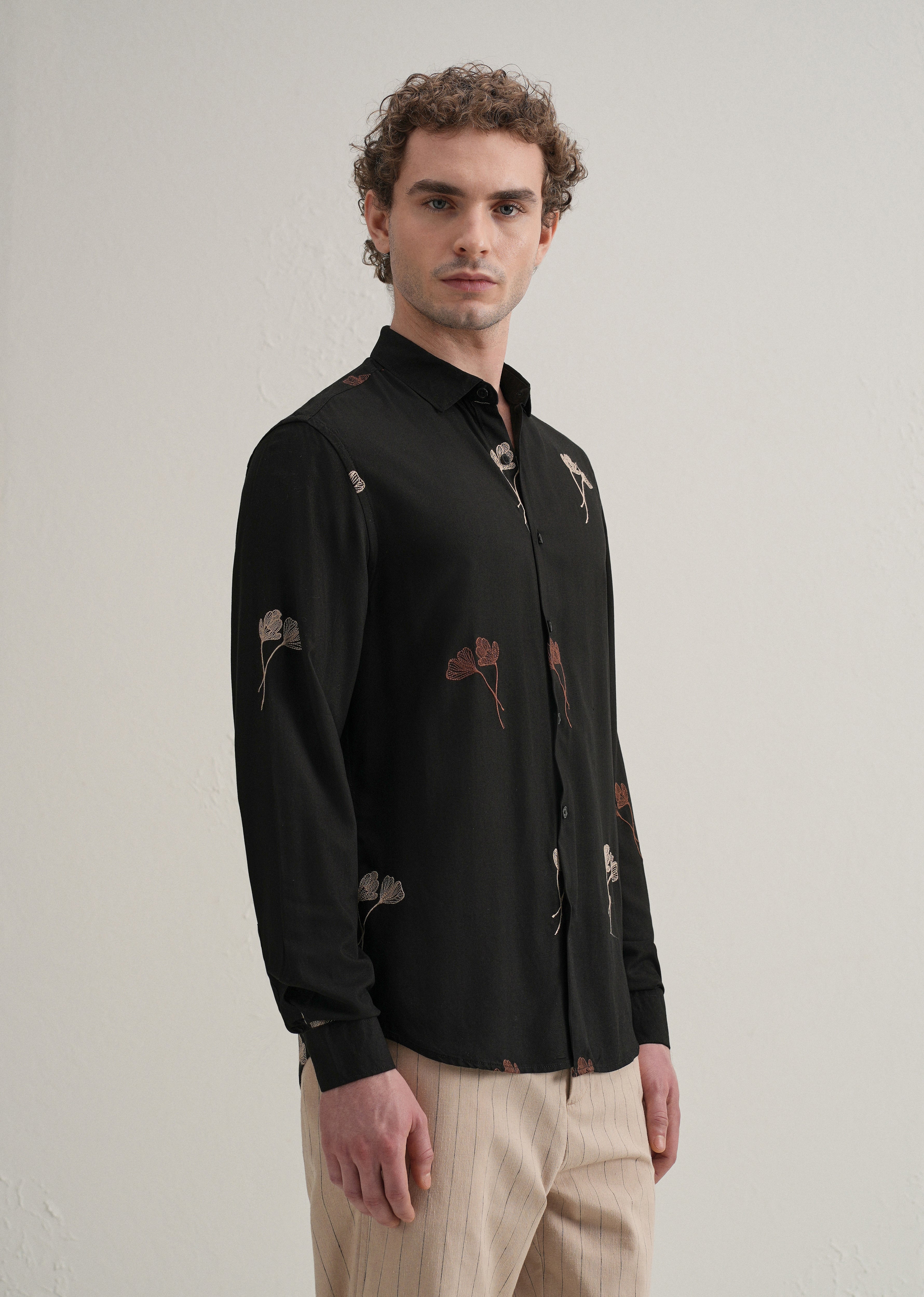 Black Floral Motif Embroidery Shirt