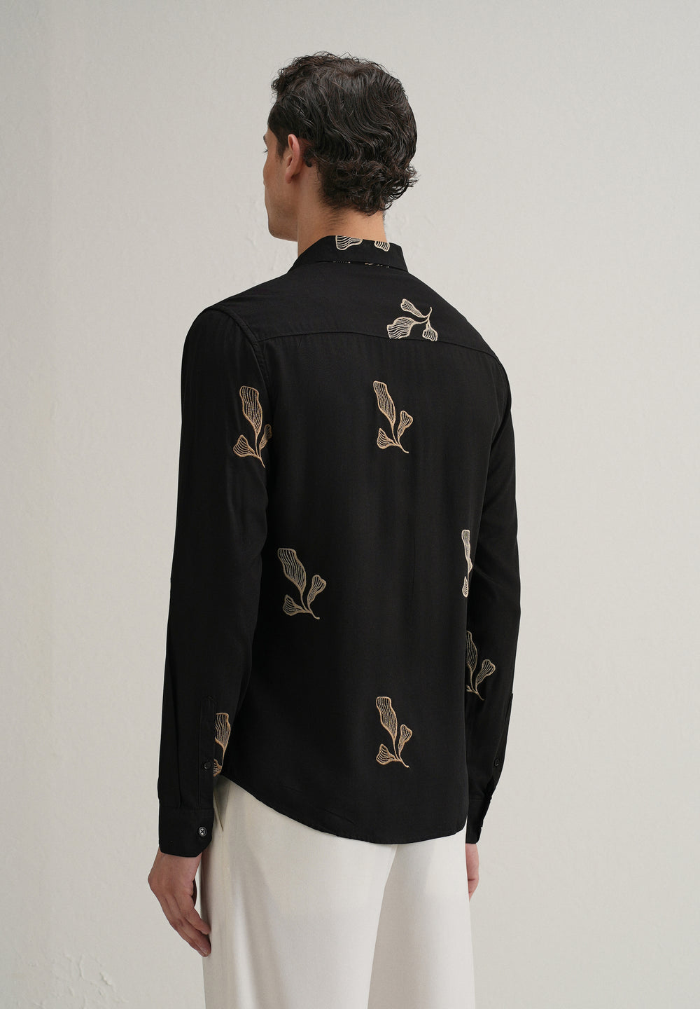Black Leaf Motif Embroidery Shirt
