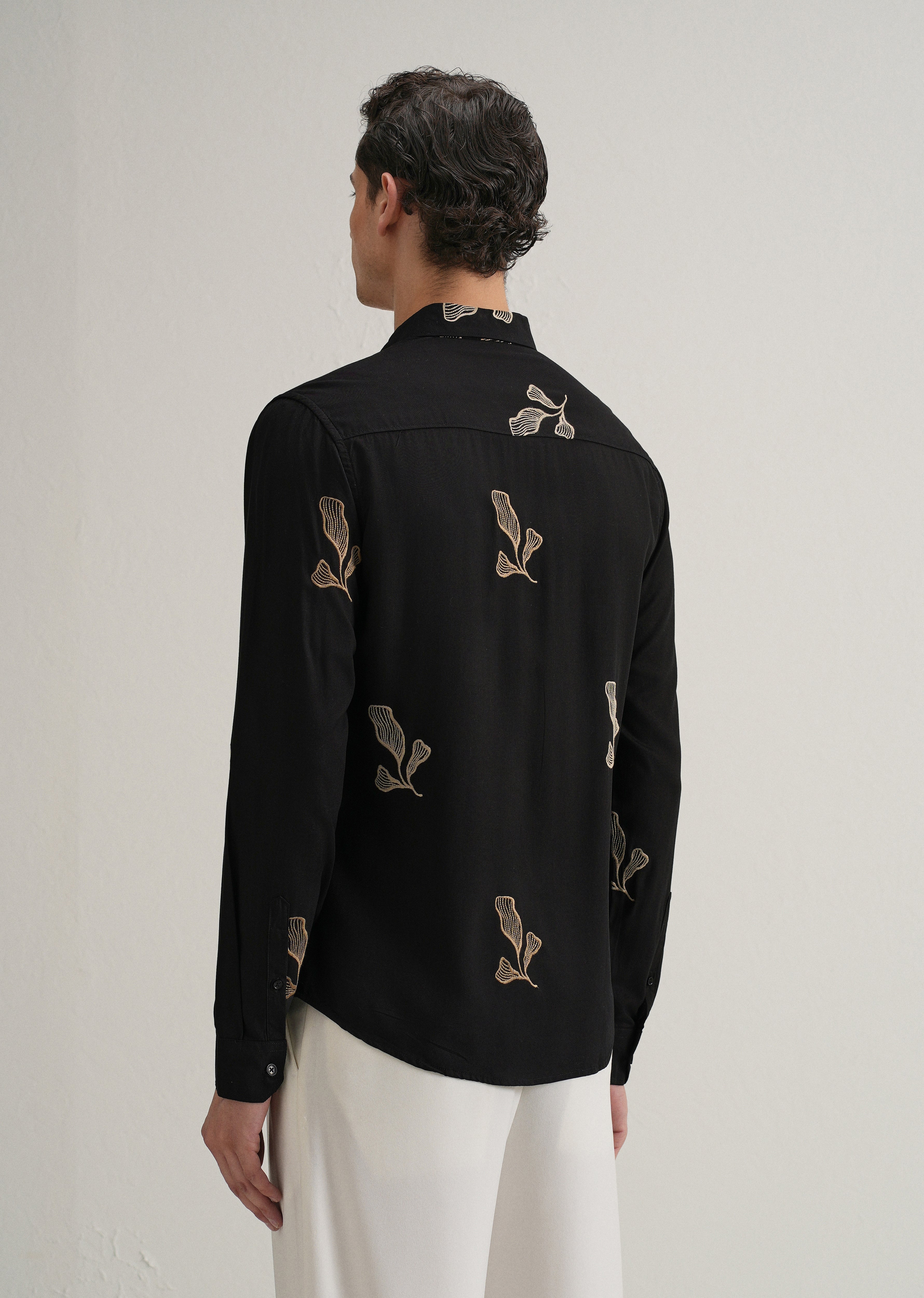 Black Leaf Motif Embroidery Shirt
