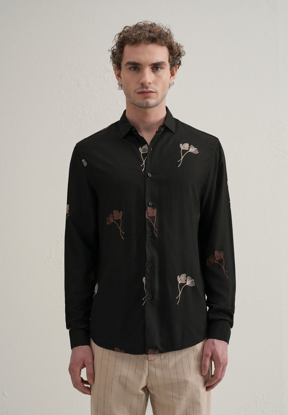 Black Floral Motif Embroidery Shirt