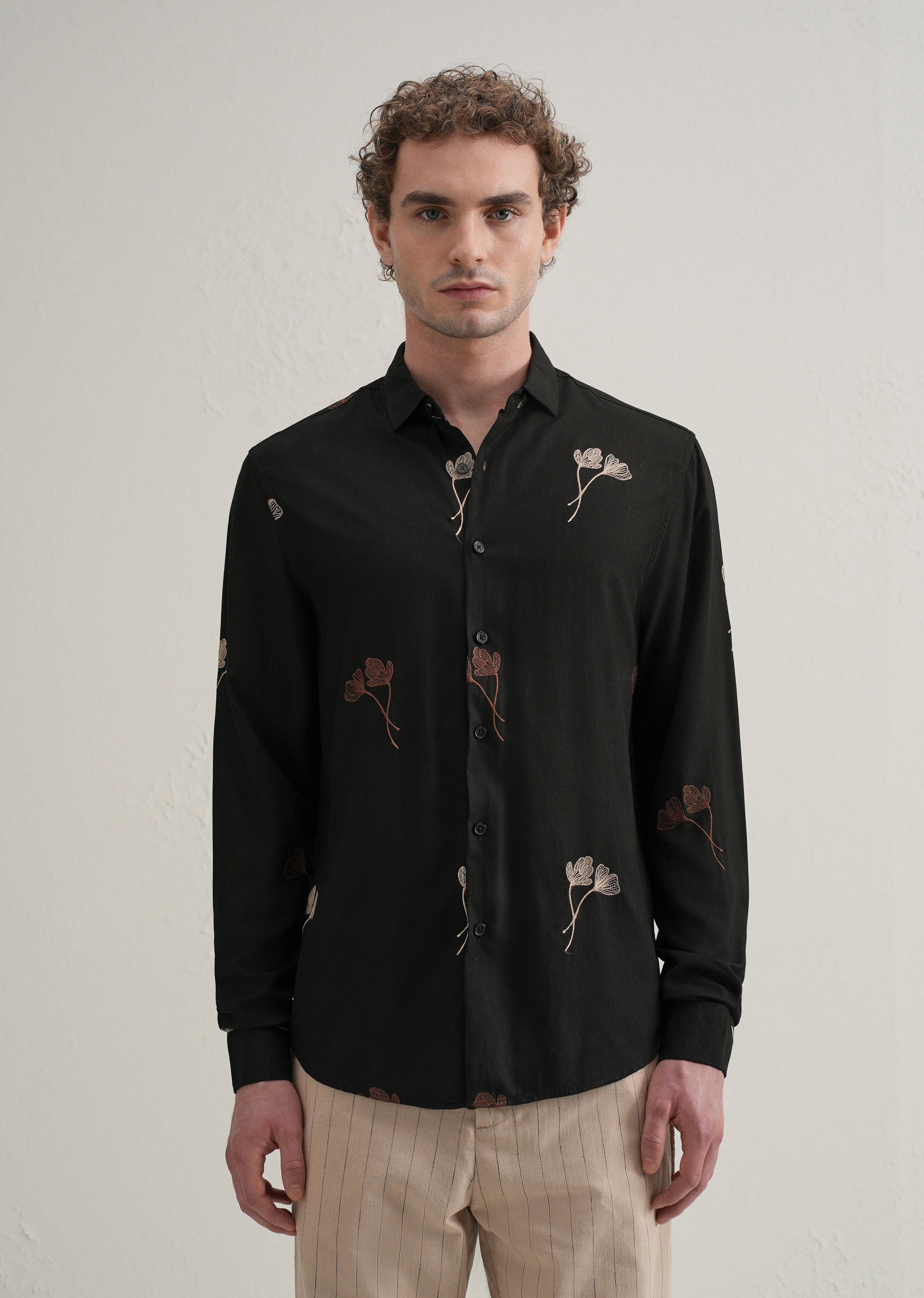 Black Floral Motif Embroidery Shirt
