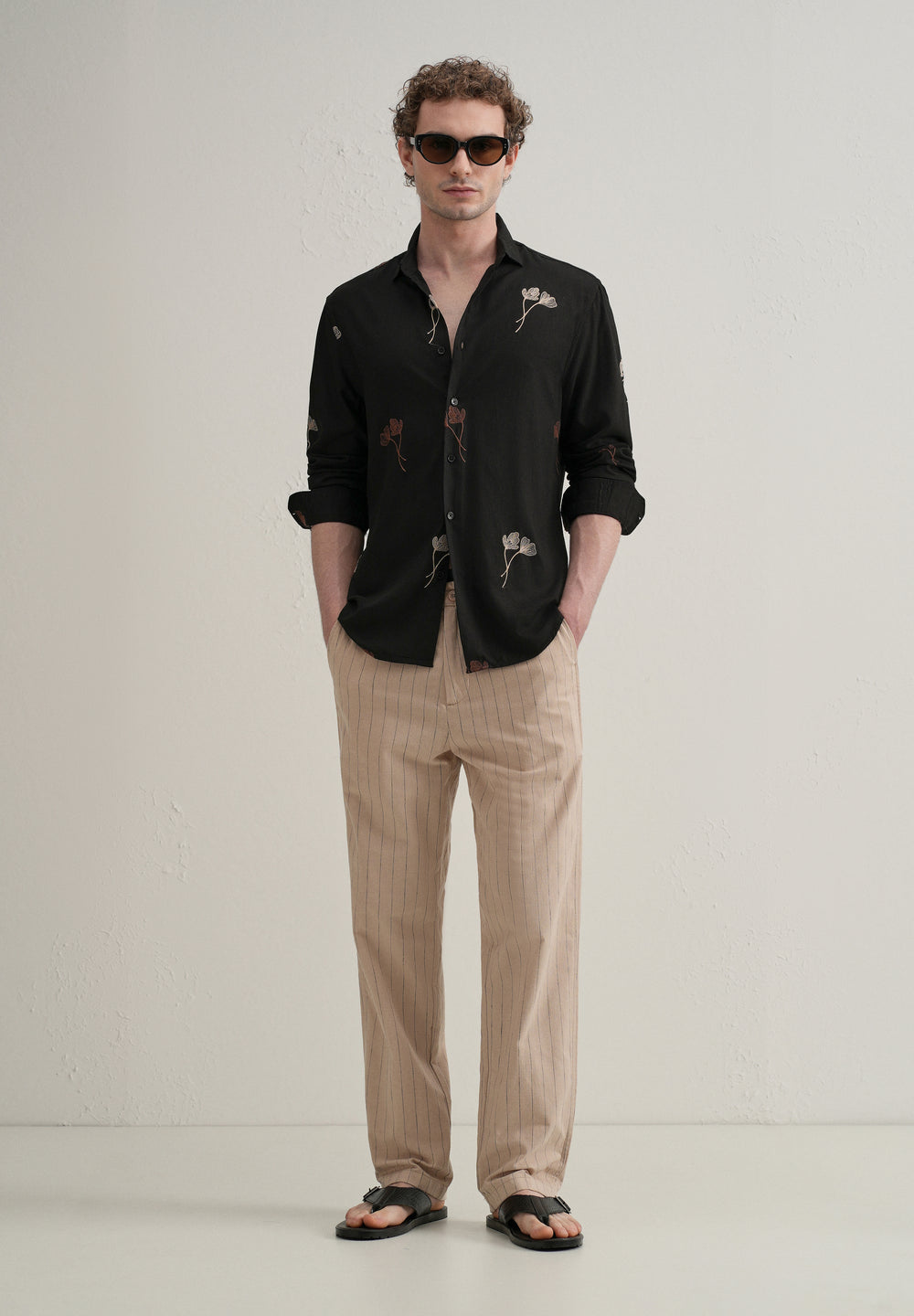 Black Floral Motif Embroidery Shirt