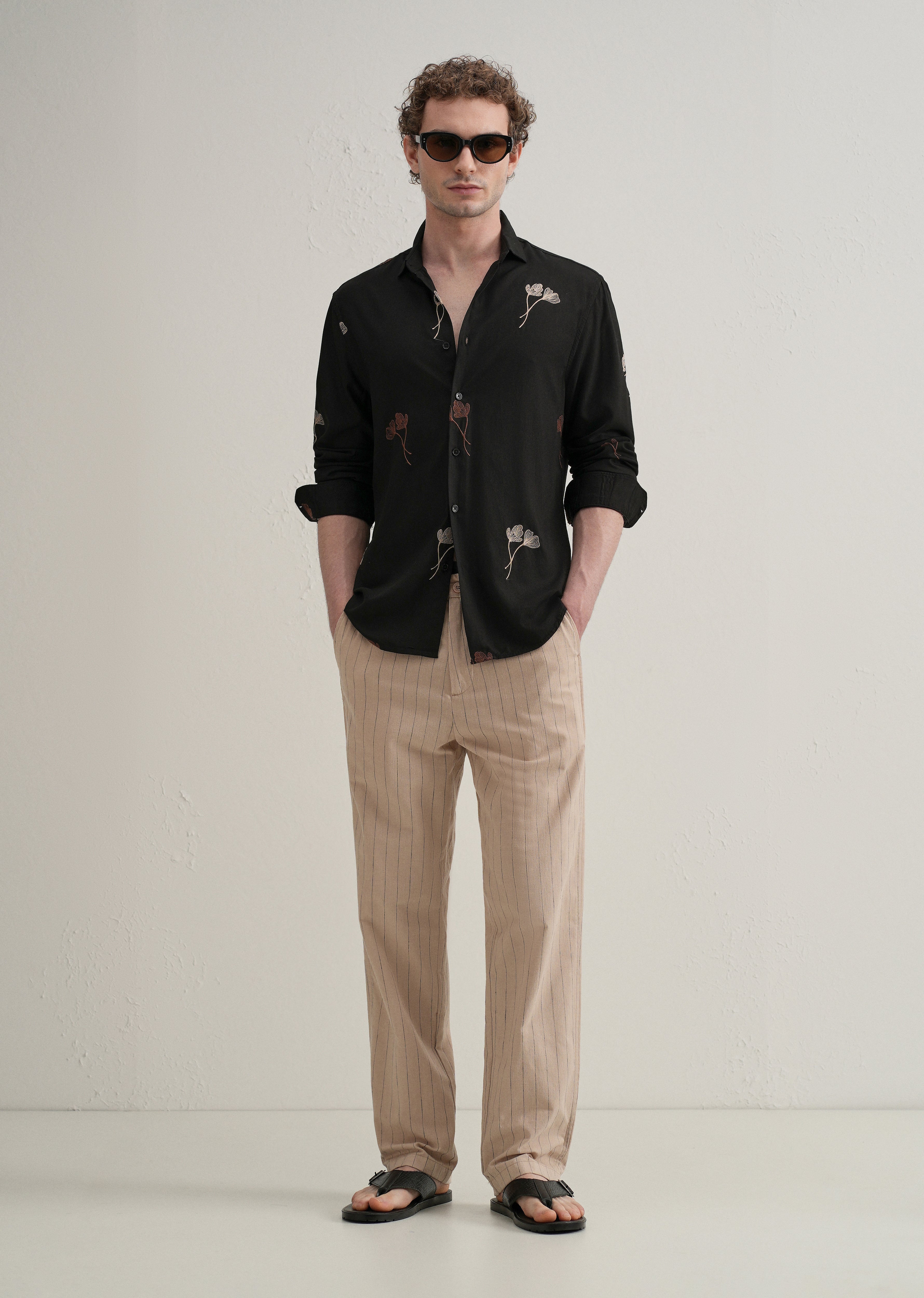 Black Floral Motif Embroidery Shirt