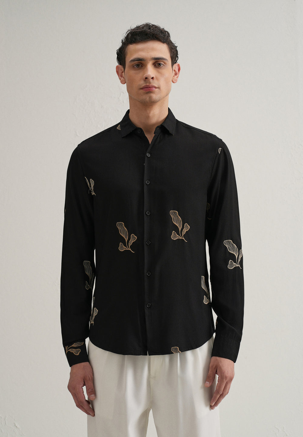 Black Leaf Motif Embroidery Shirt