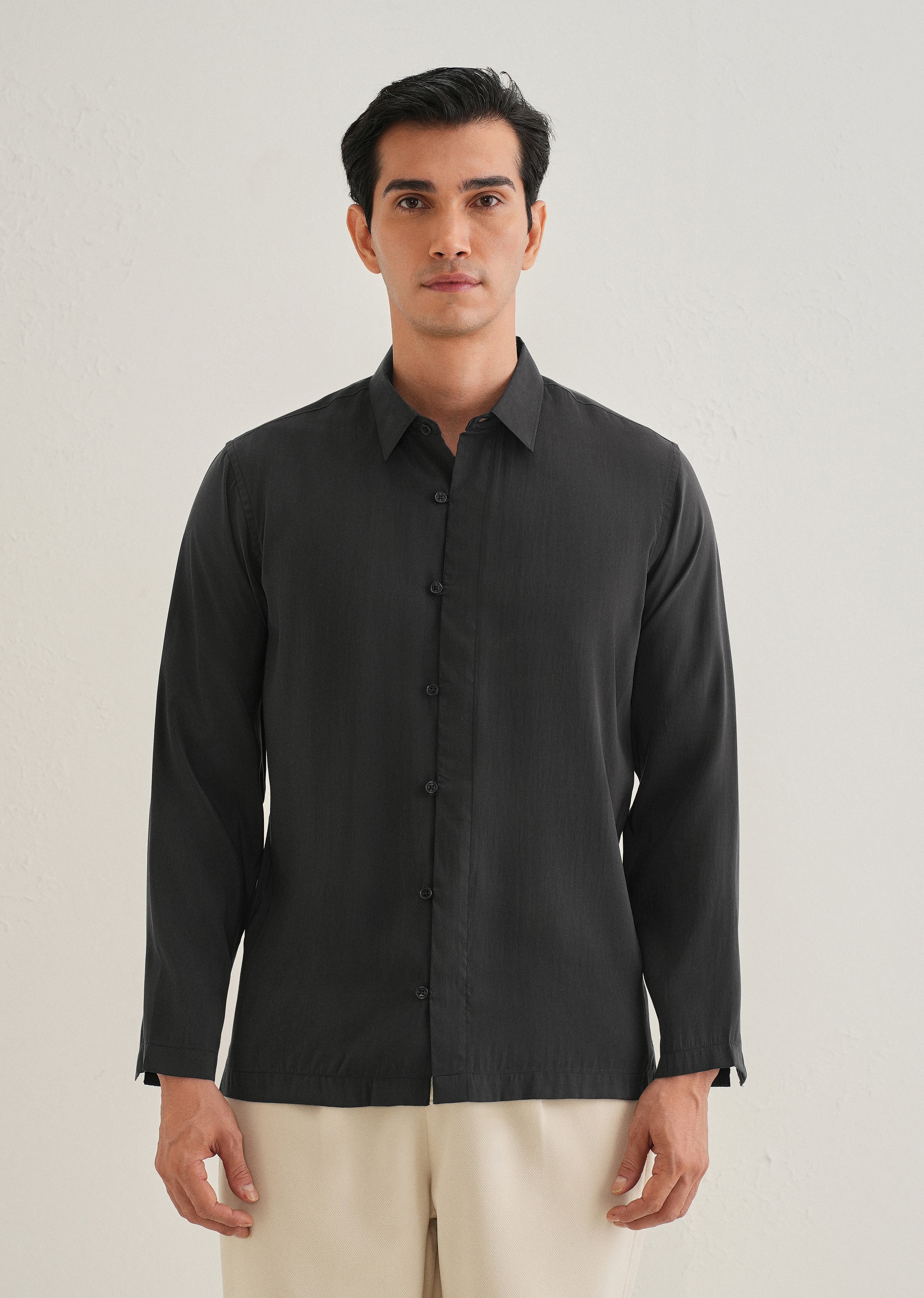 Black Loop Button-Down Plain Shirt