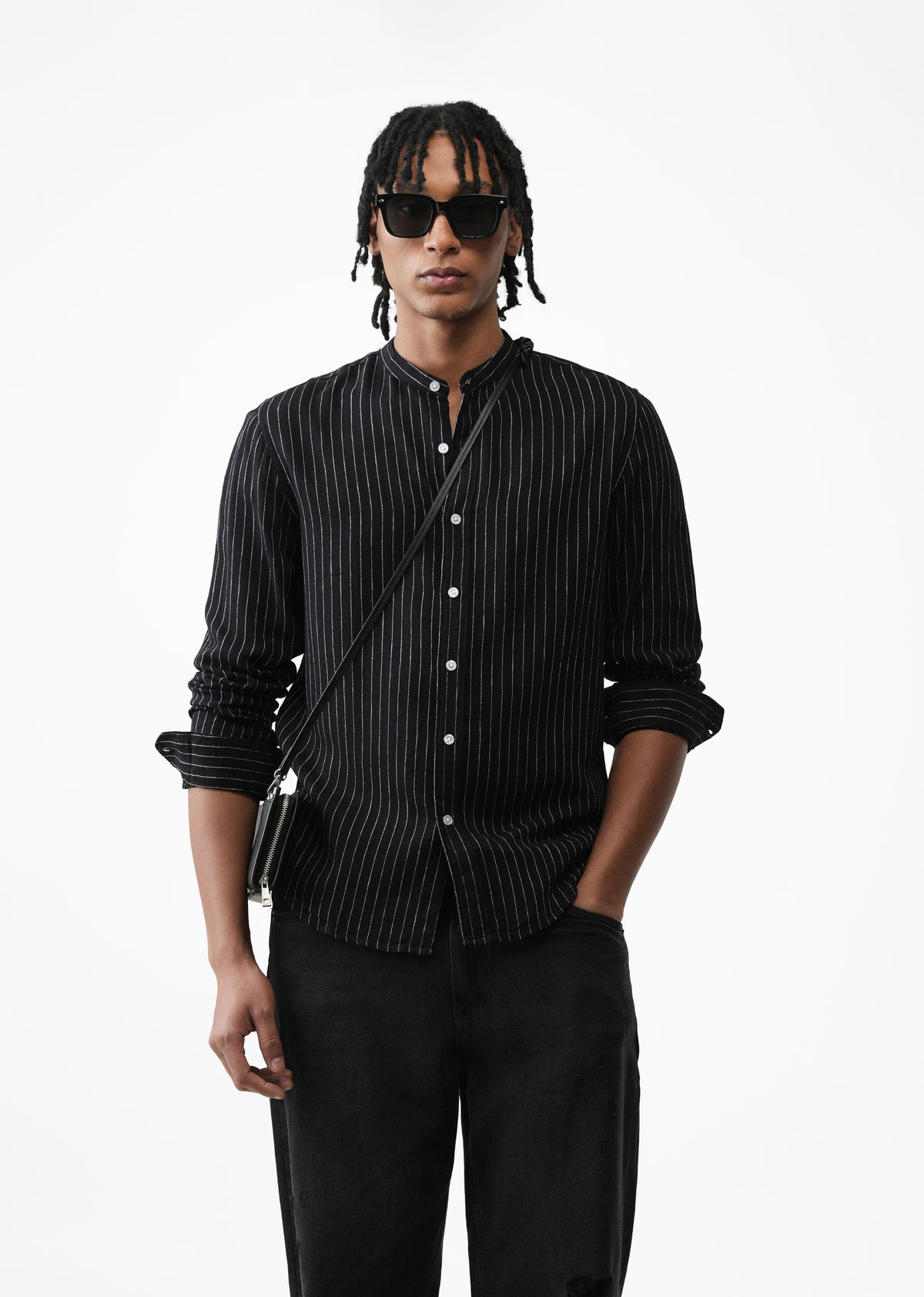 Black Lyocell Cotton Pinstripe Shirt