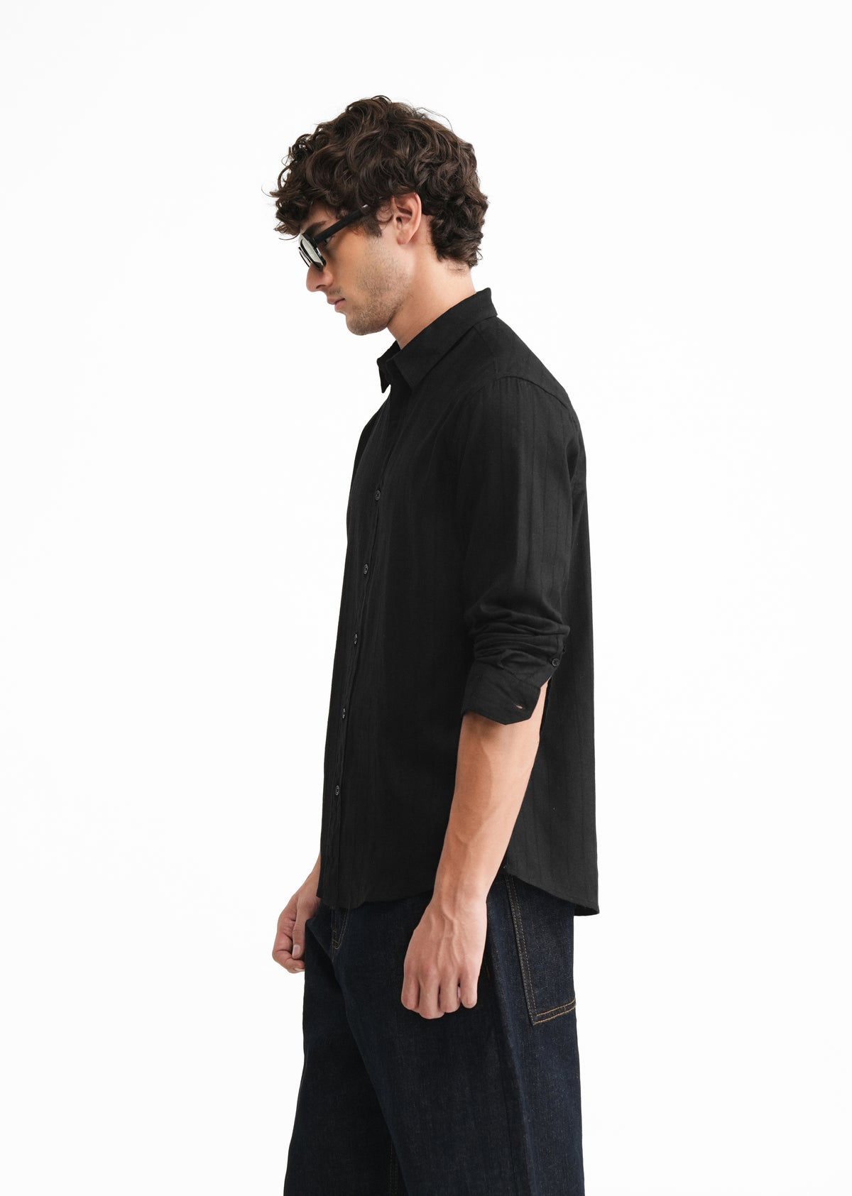 Black Lyocell Cotton Self-Stripe Shirt