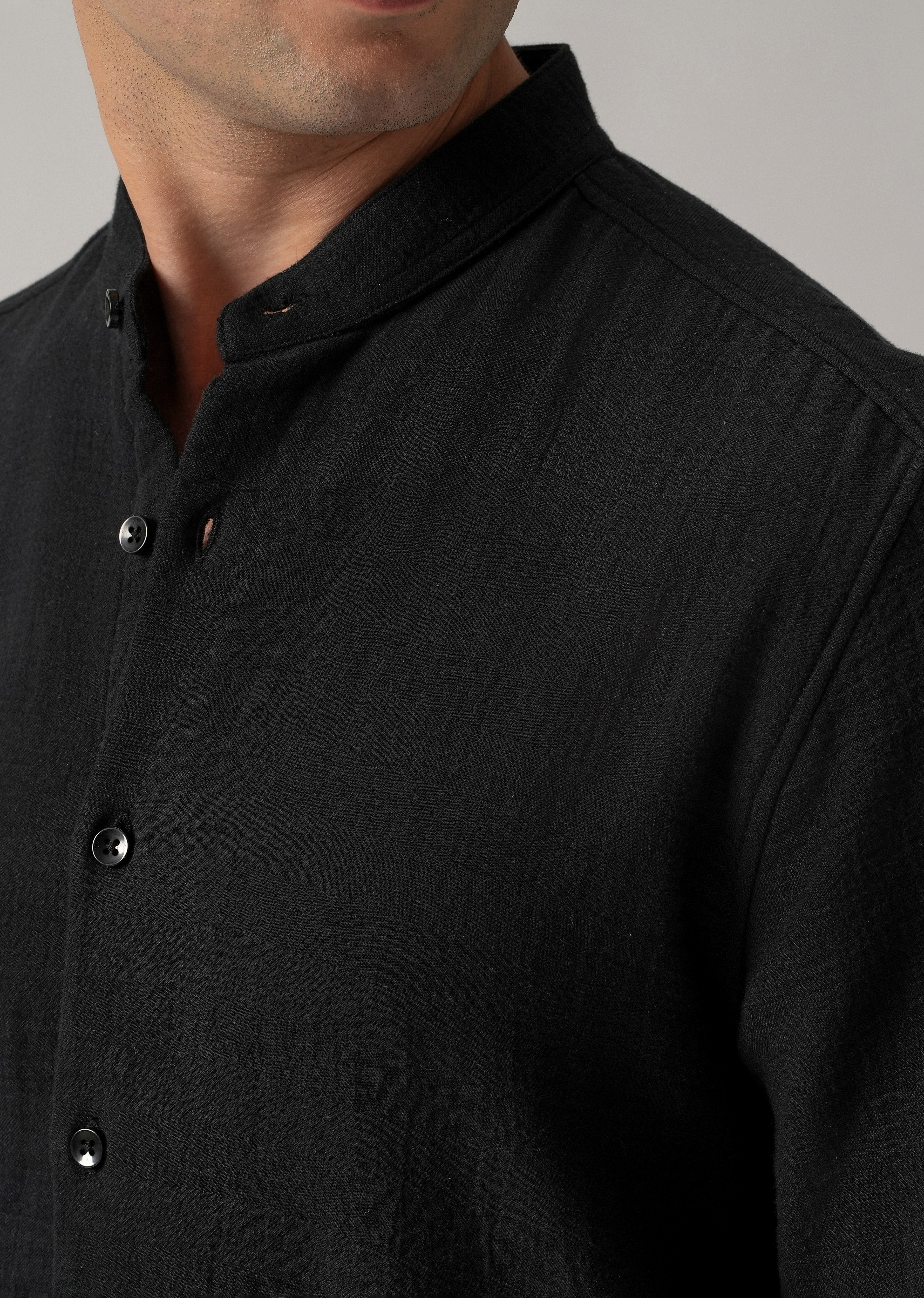 Black Plain Mandarin Collar Cotton Shirt