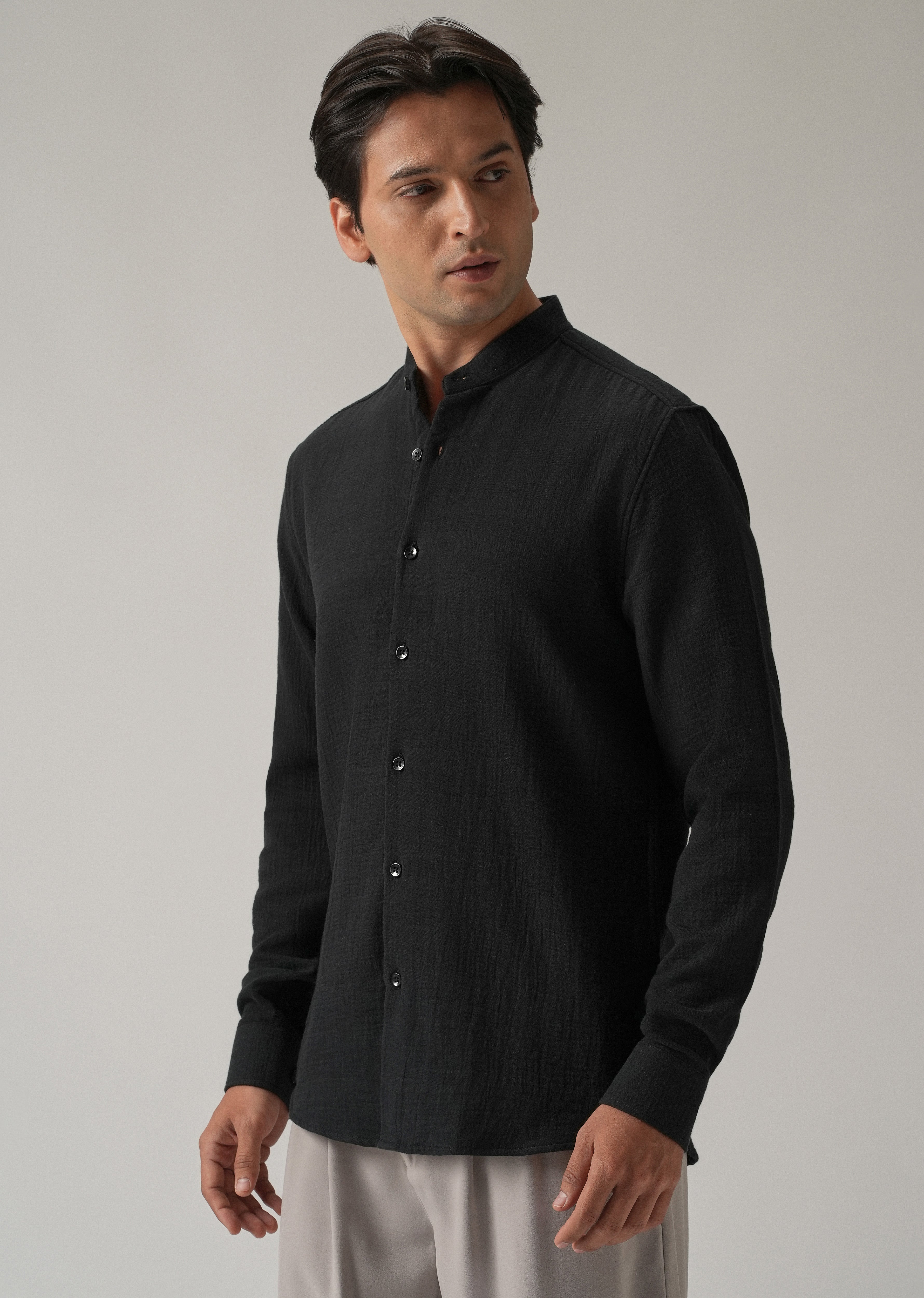 Black Plain Mandarin Collar Cotton Shirt