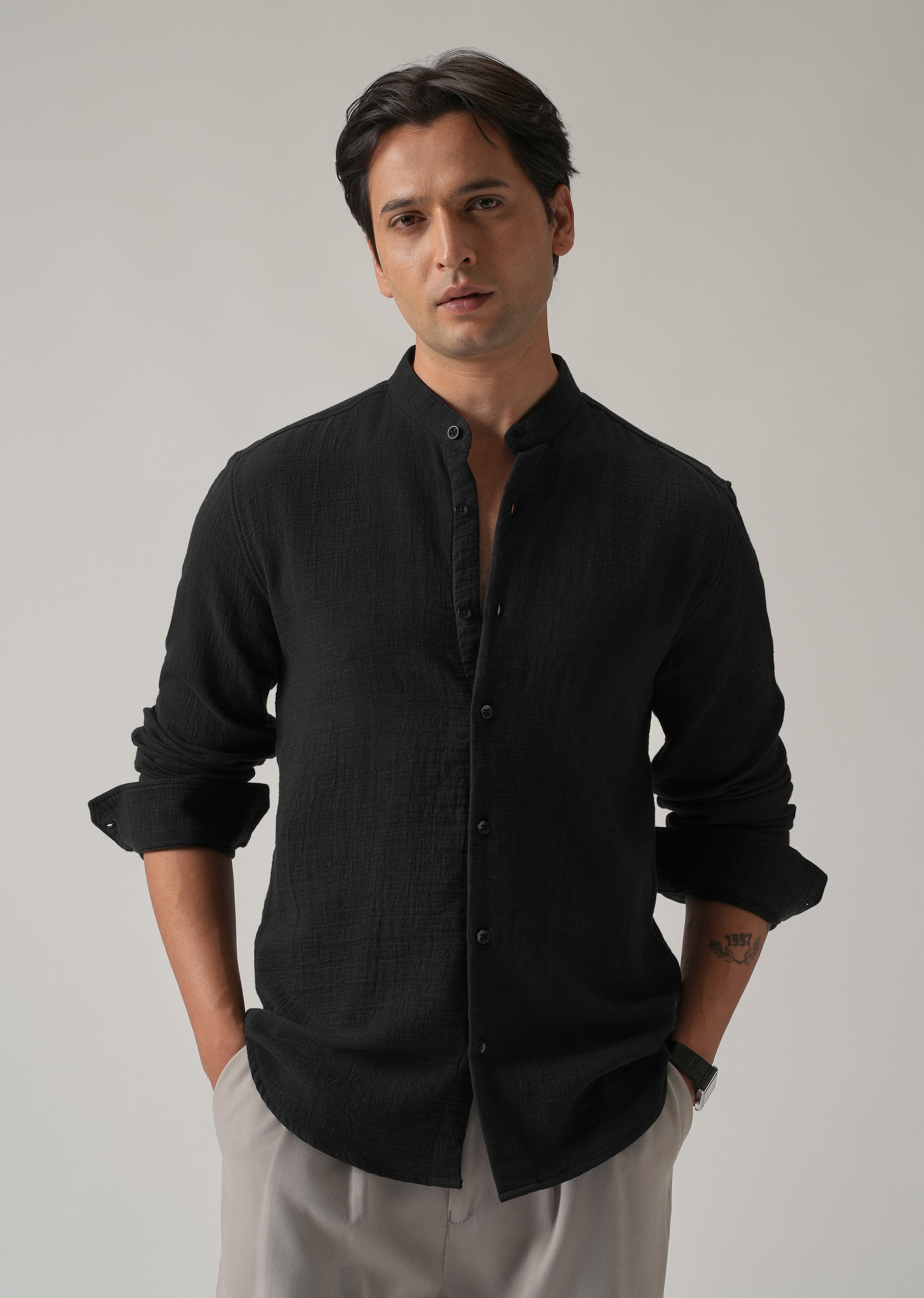 Black Plain Mandarin Collar Cotton Shirt