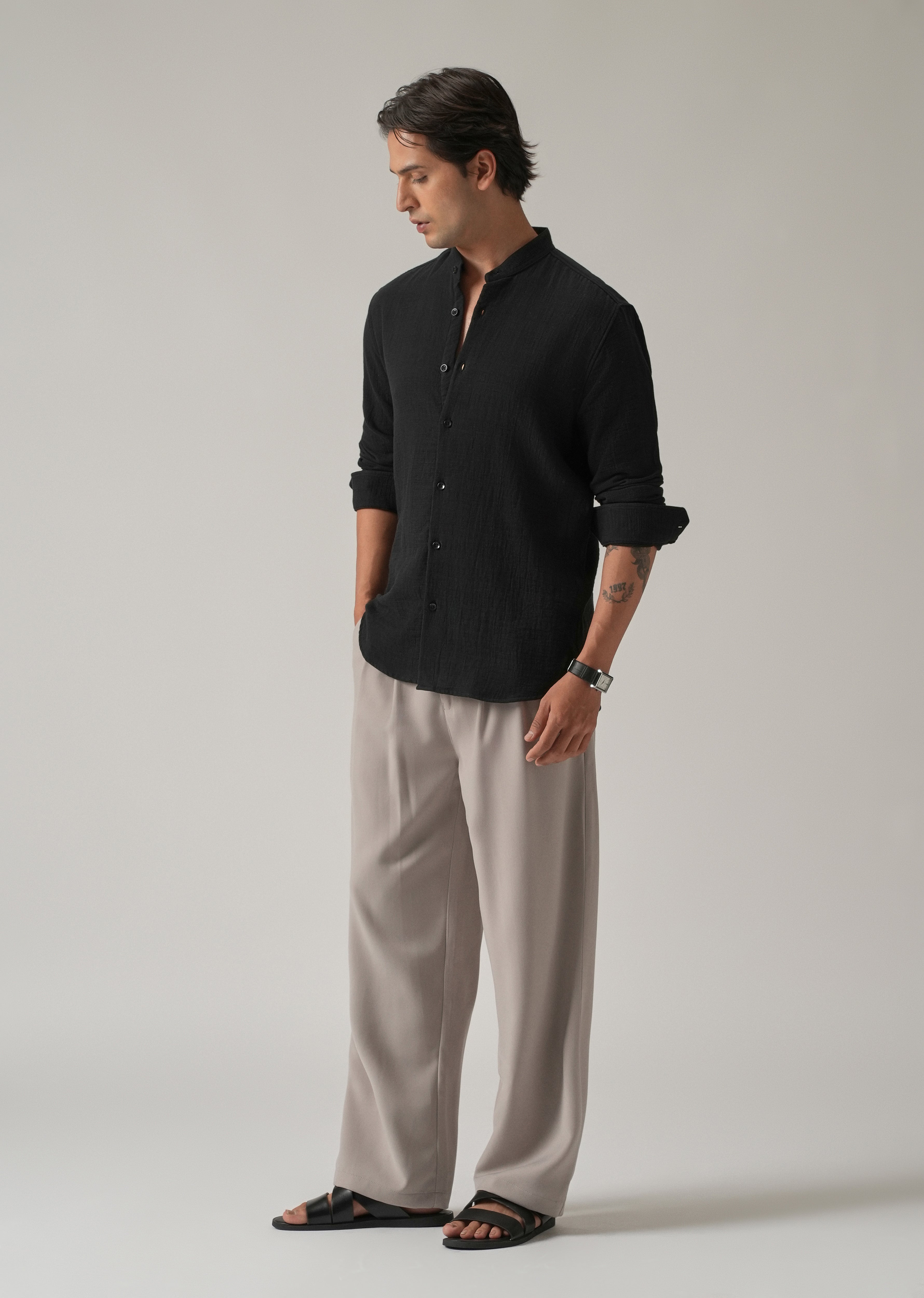 Black Plain Mandarin Collar Cotton Shirt