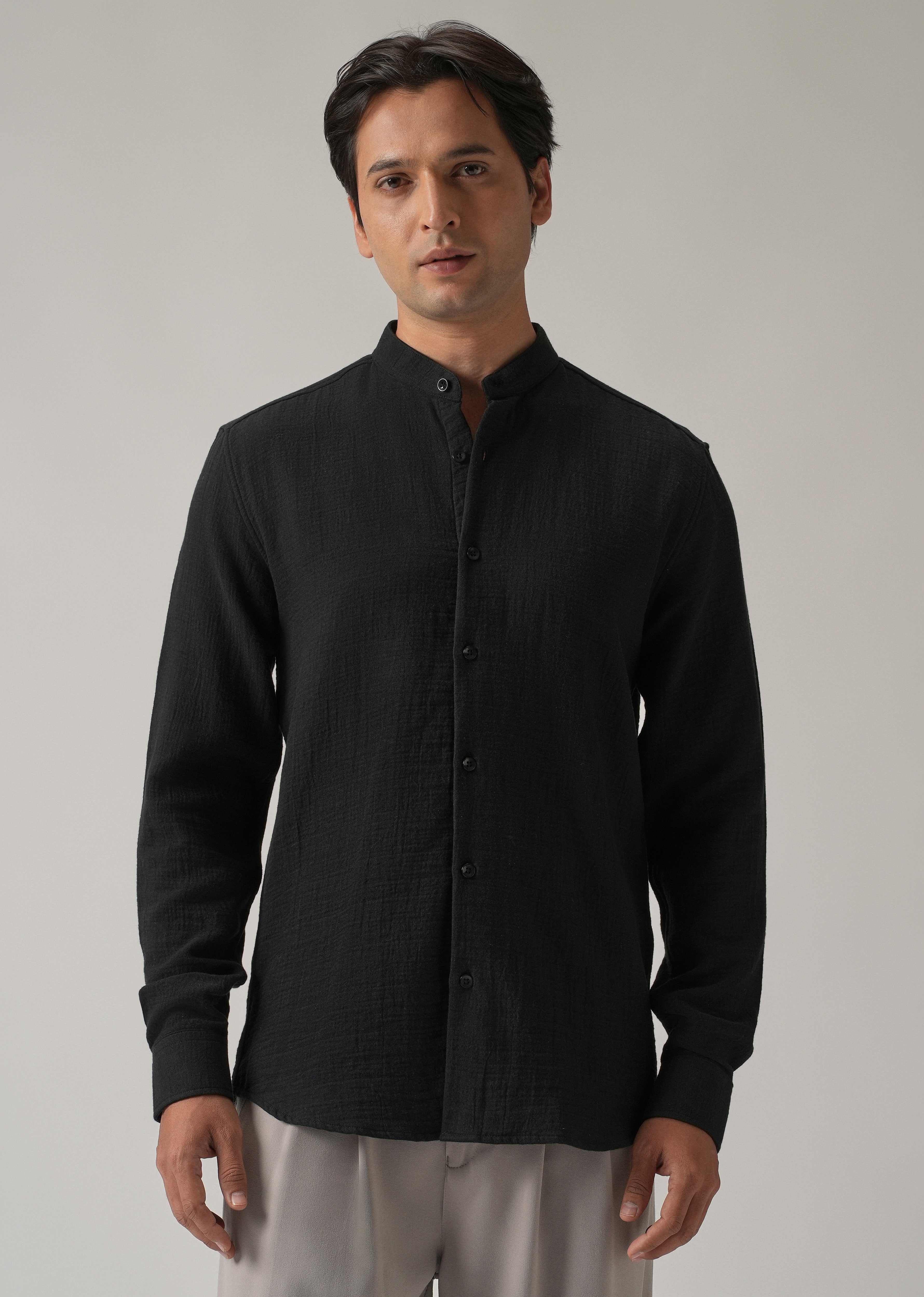 Black Plain Mandarin Collar Cotton Shirt