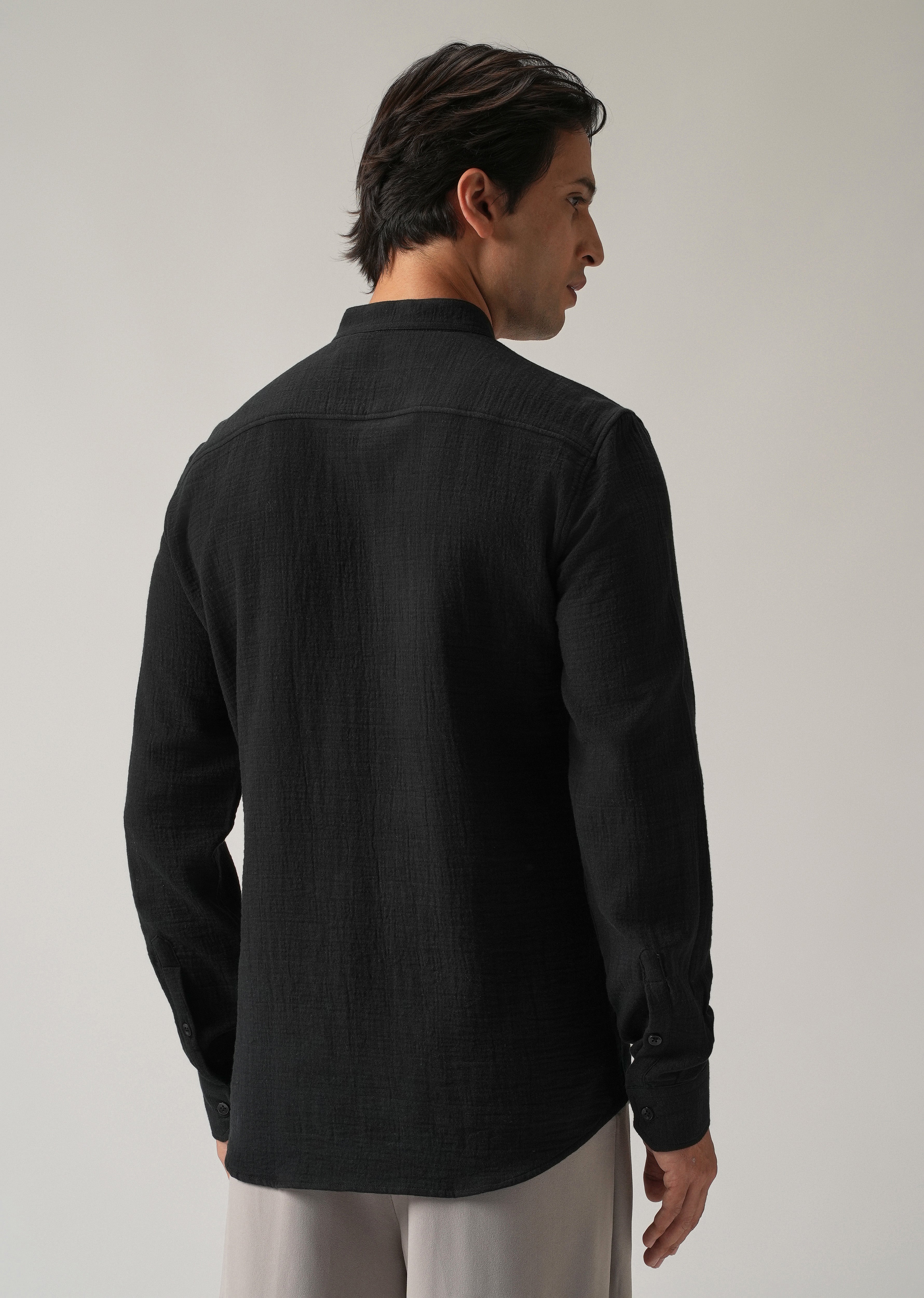 Black Plain Mandarin Collar Cotton Shirt