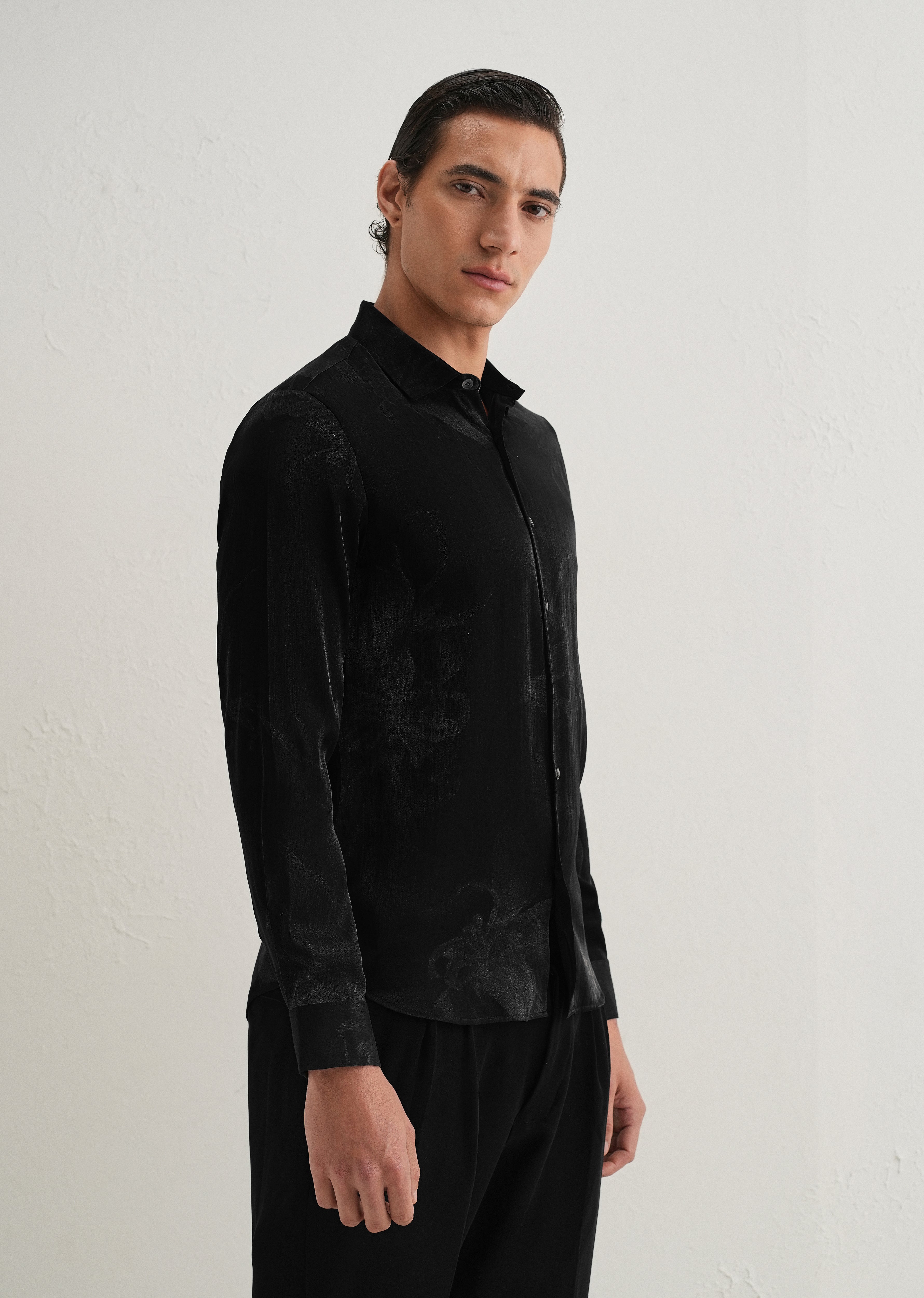 Black Metallic Sheen-Look Printed Shirt