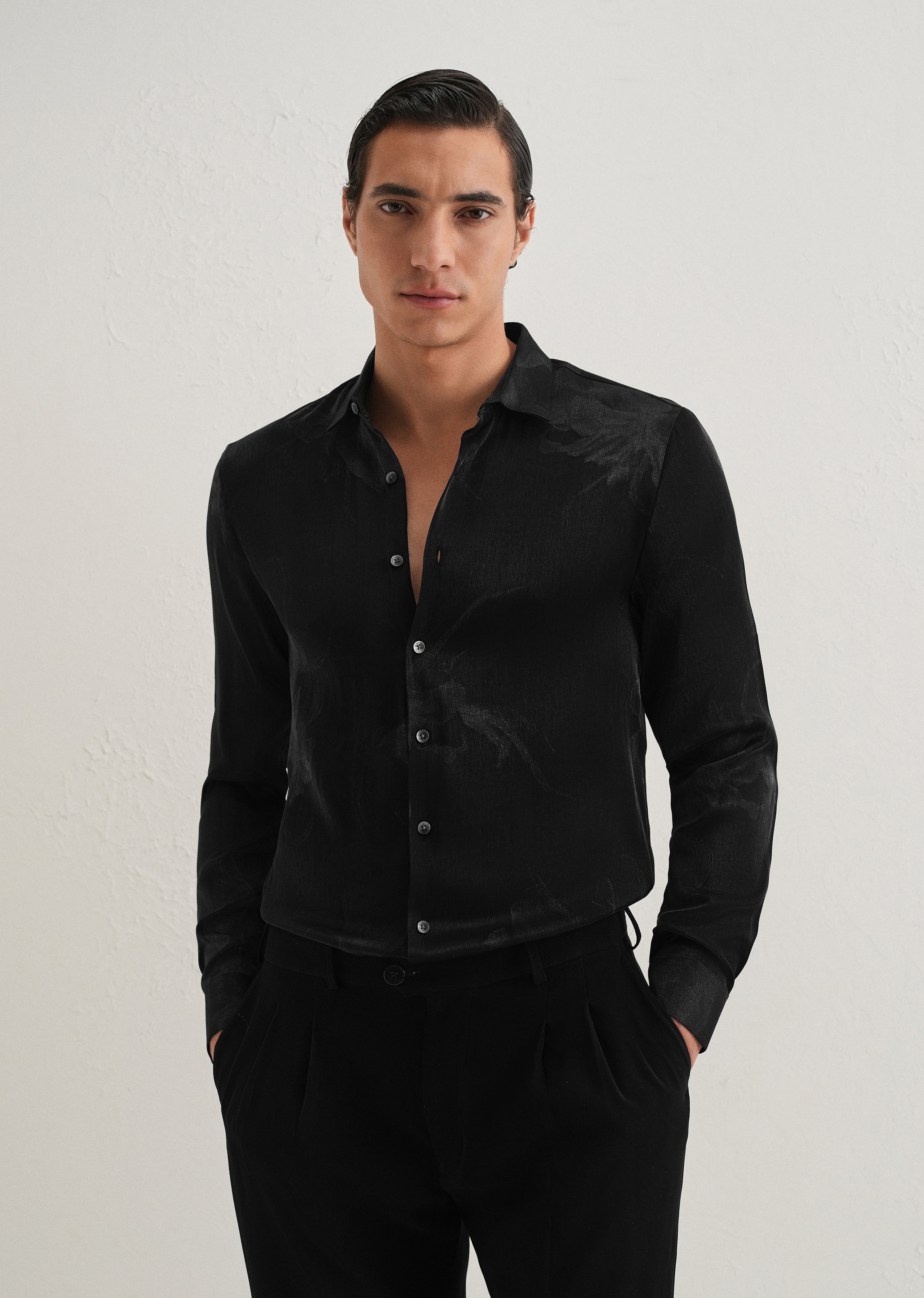 Black Metallic Sheen-Look Printed Shirt