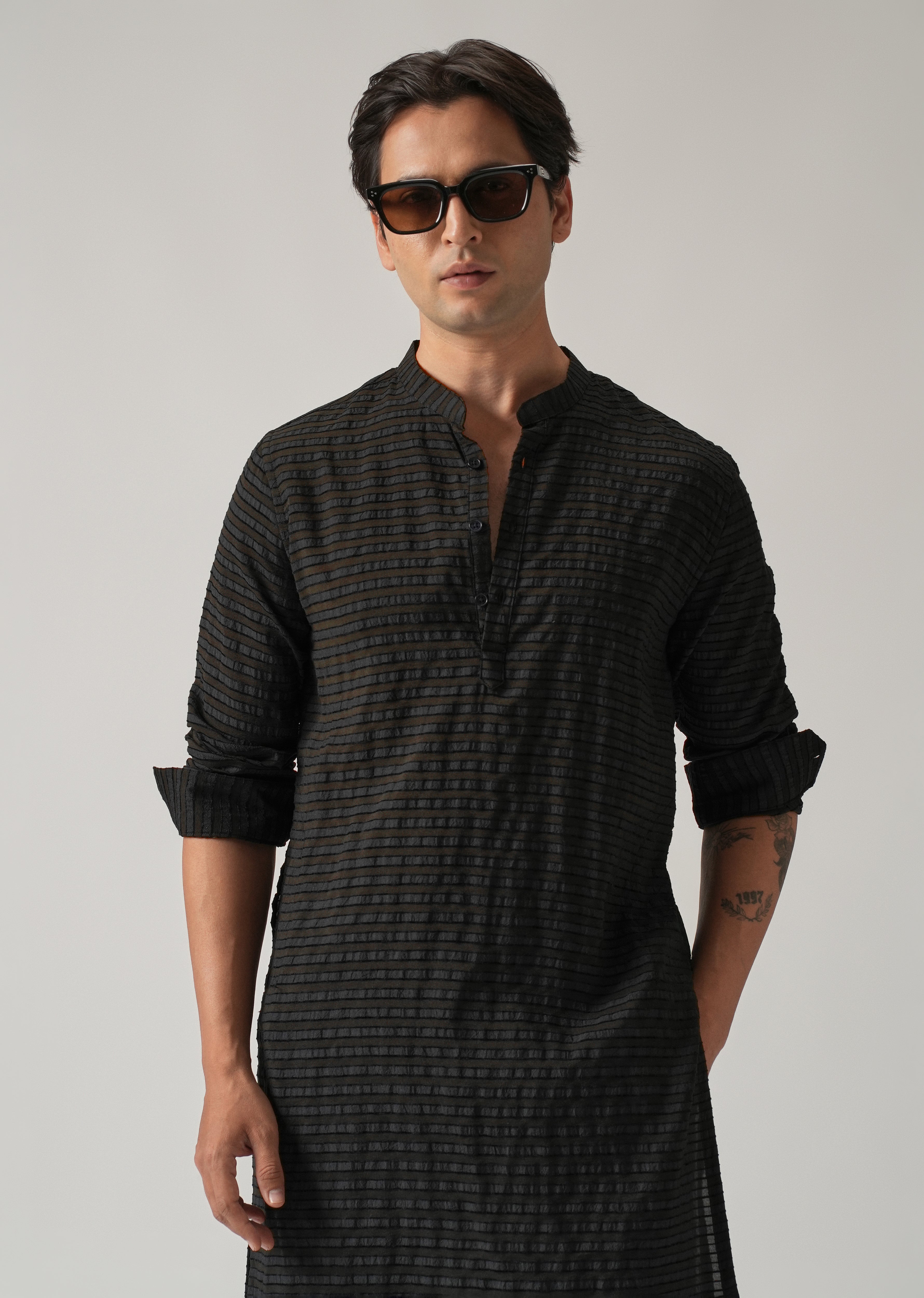 Black Nylon Pin Stripe Kurta