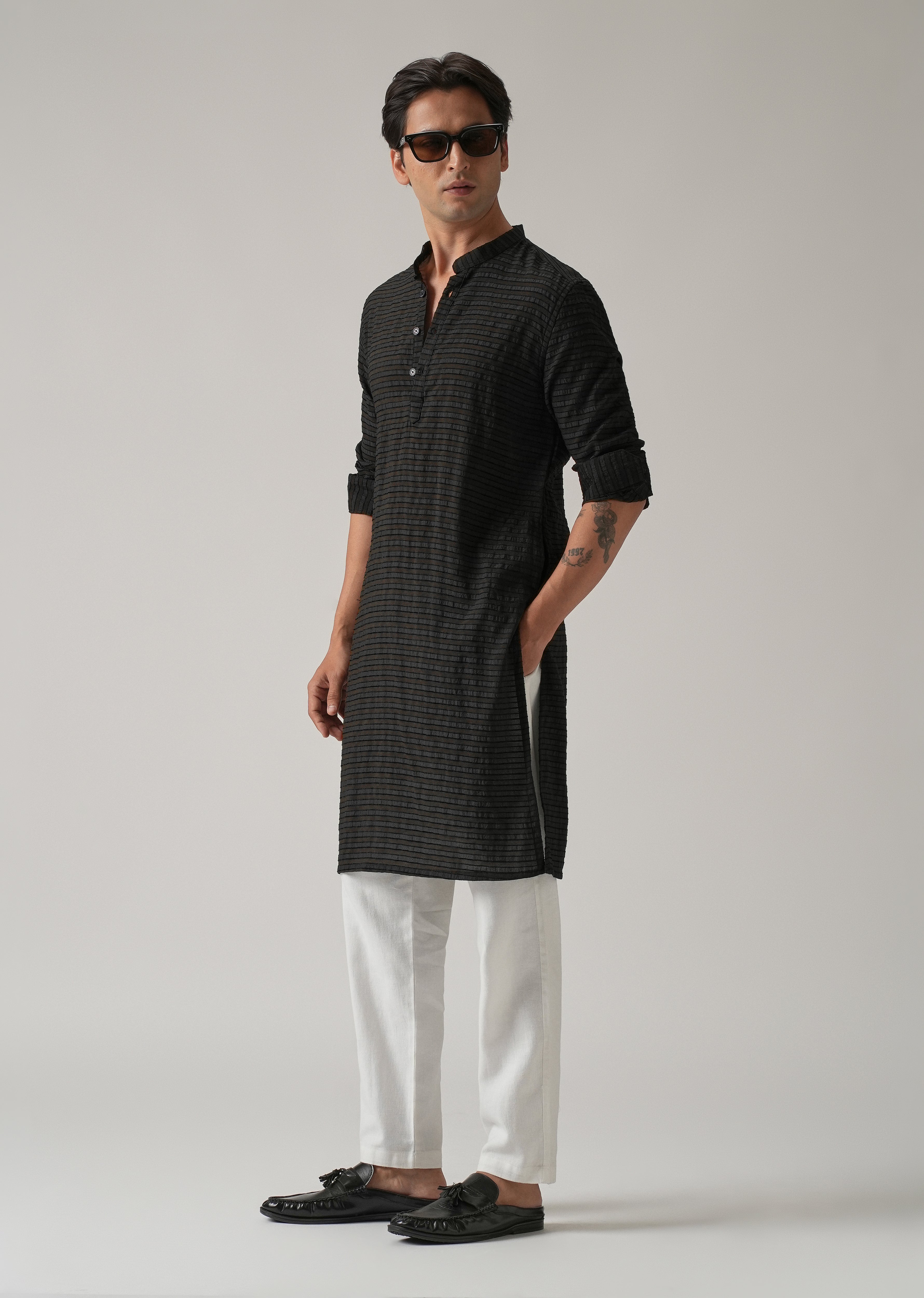 Black Nylon Pin Stripe Kurta