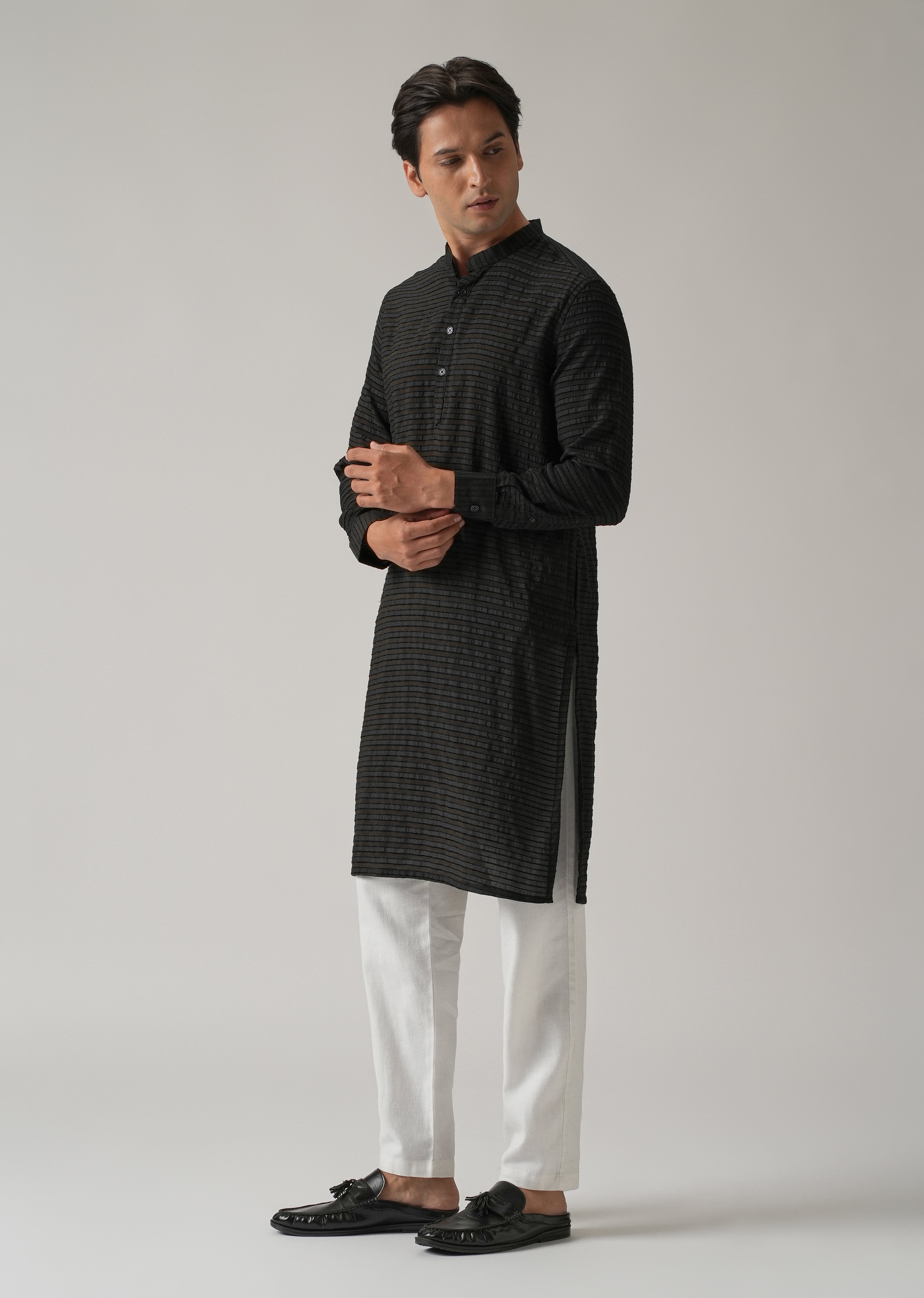 Black Nylon Pin Stripe Kurta