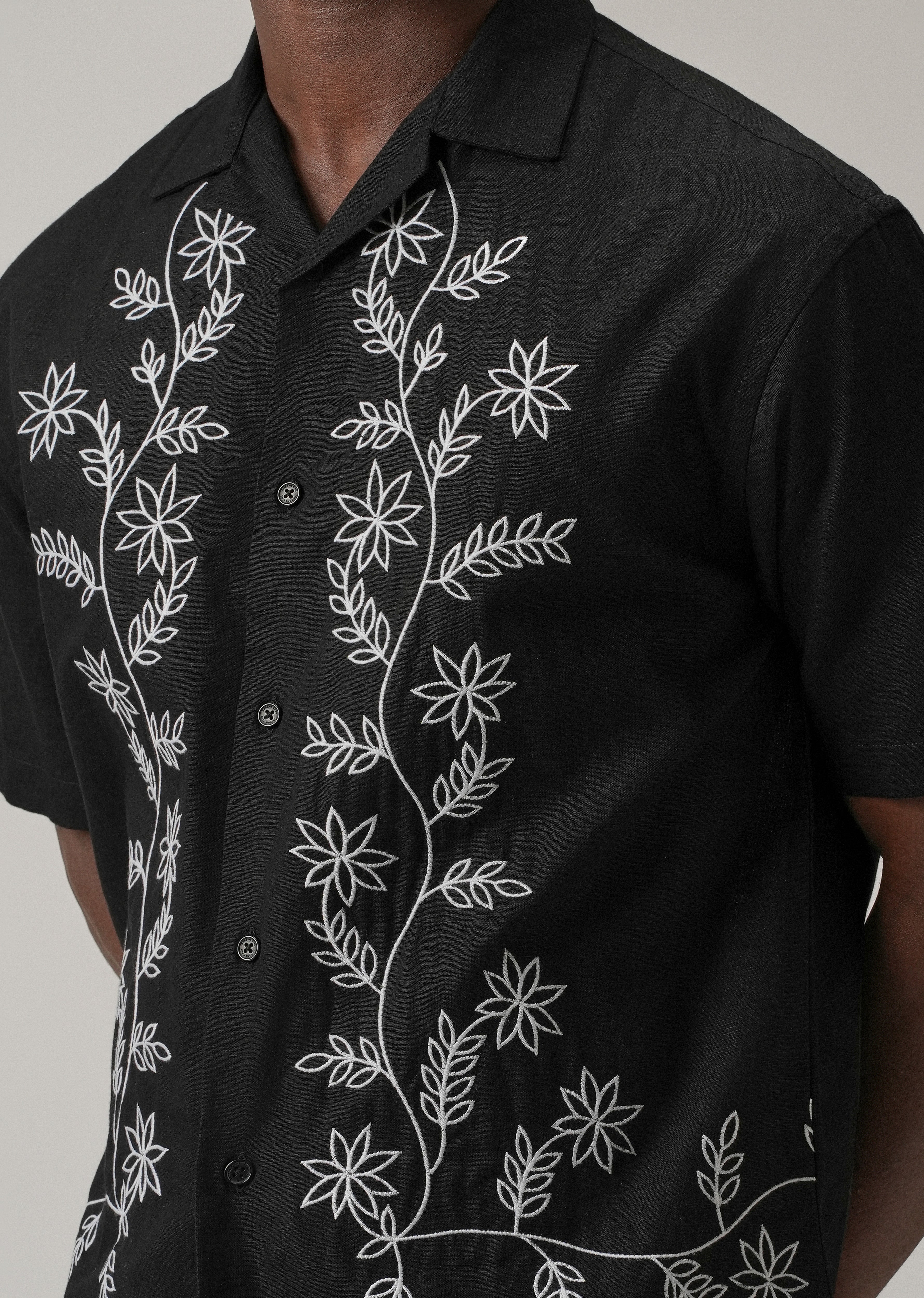 Black Pattern Embroidery Linen Shirt