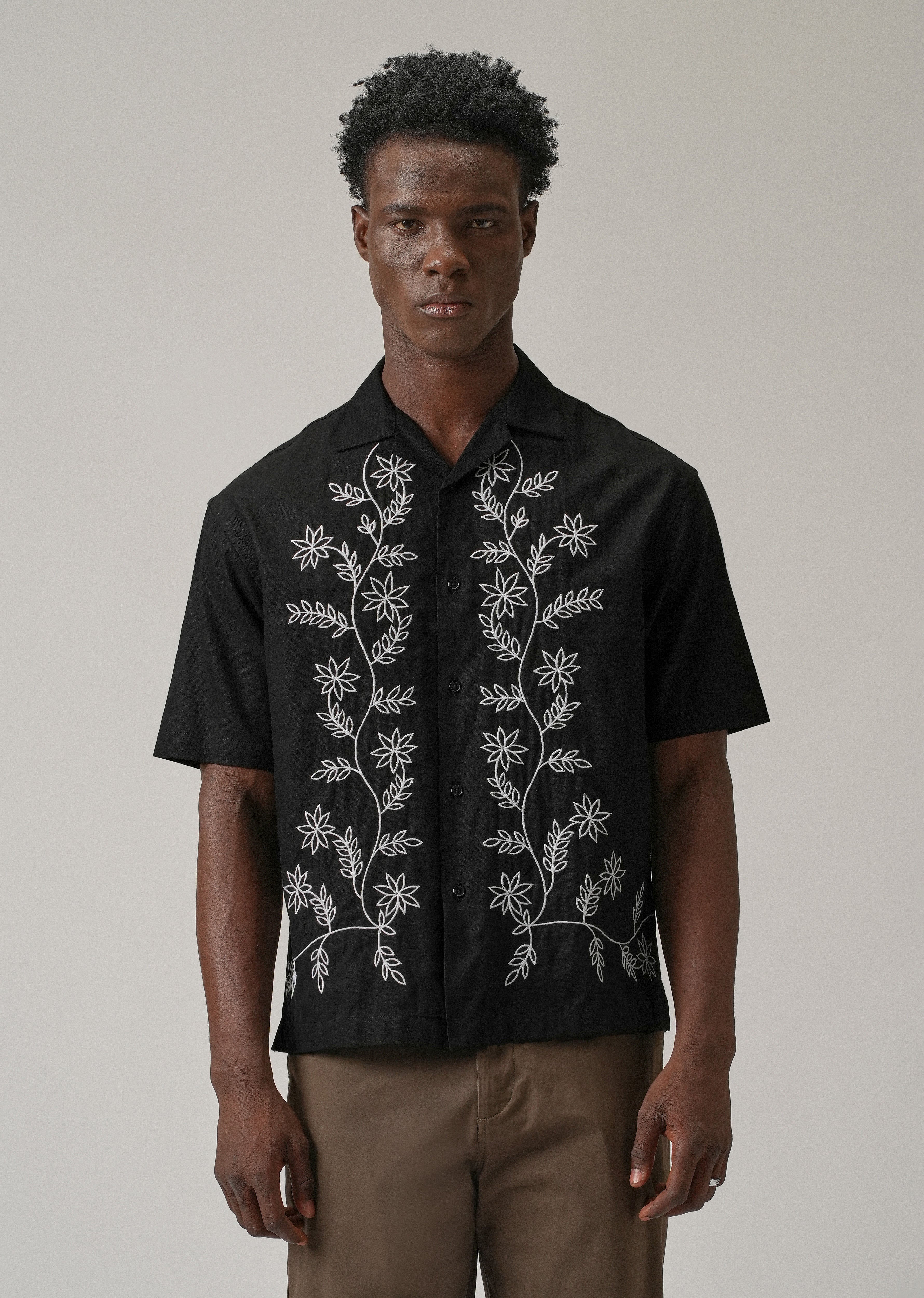Black Pattern Embroidery Linen Shirt
