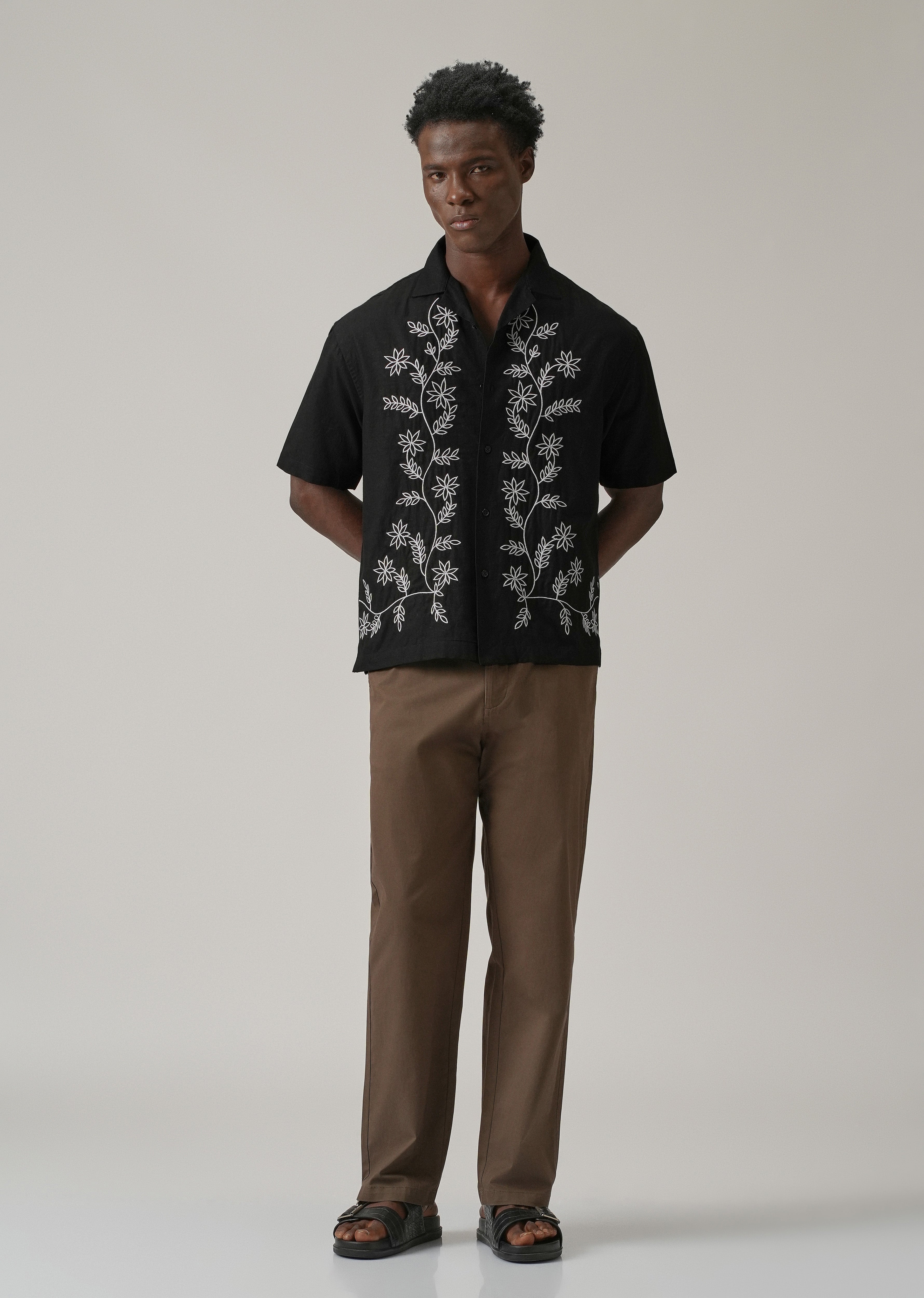 Black Pattern Embroidery Linen Shirt