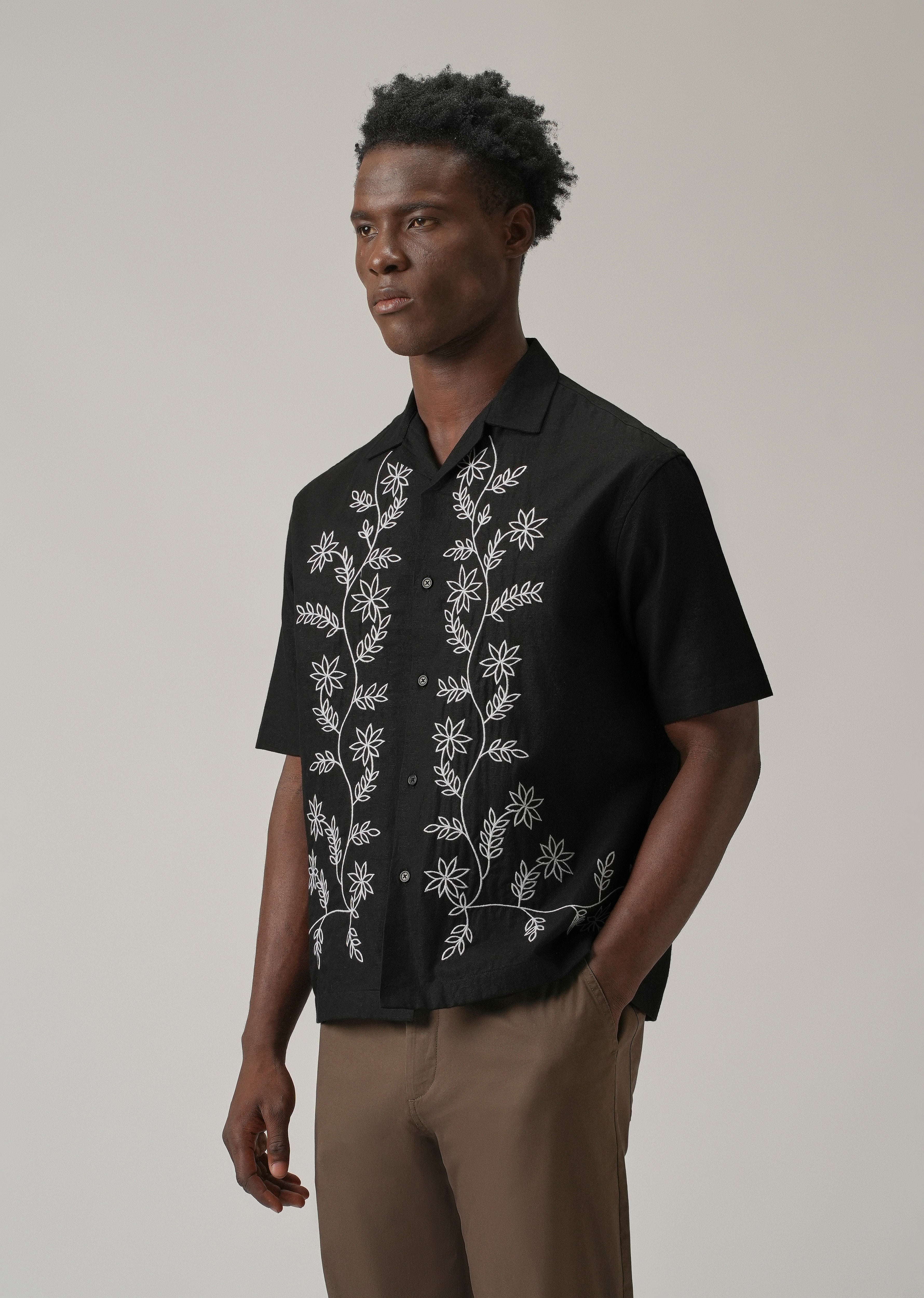 Black Pattern Embroidery Linen Shirt