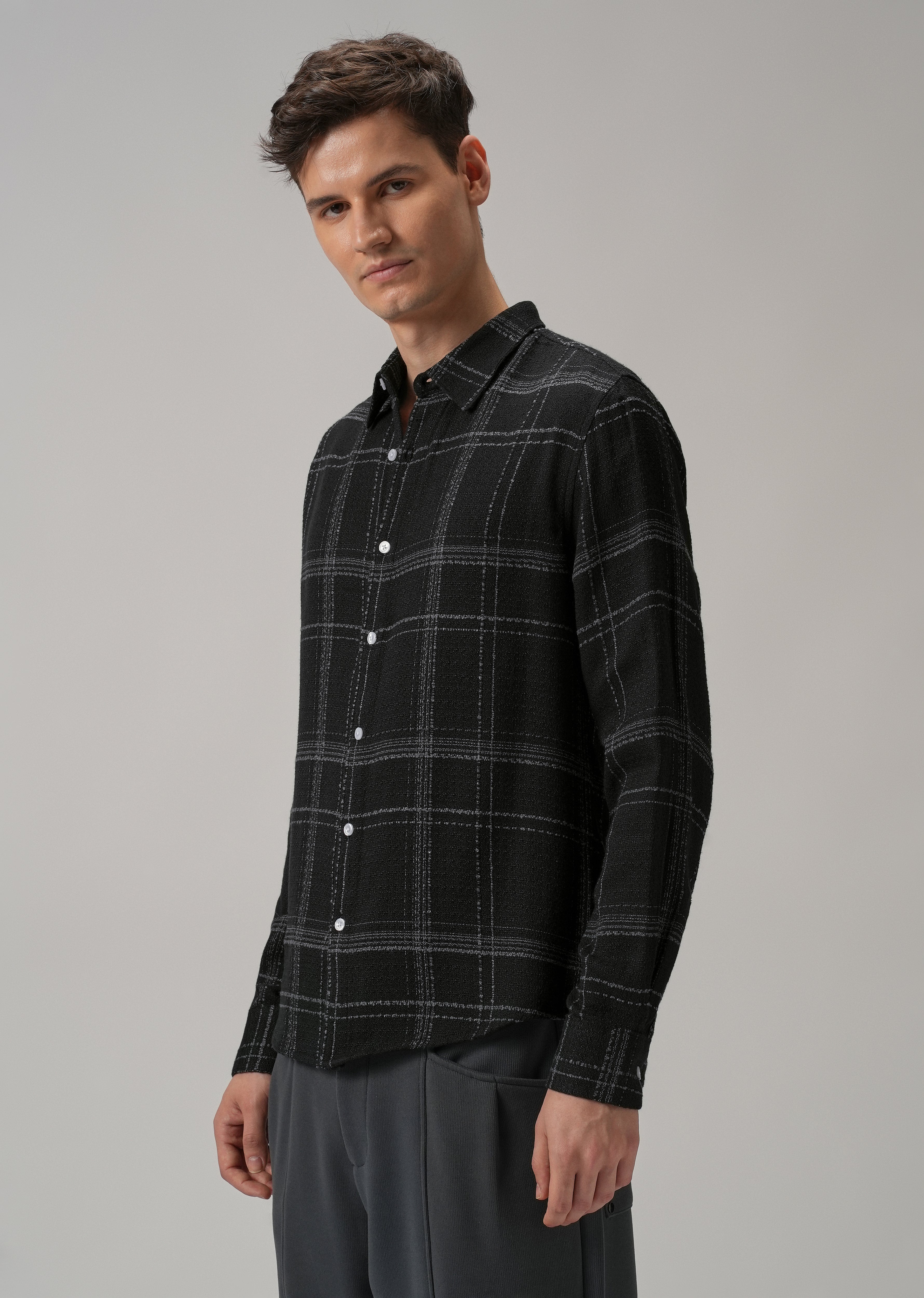 Black Plaid Textured Cotton Check Shirt