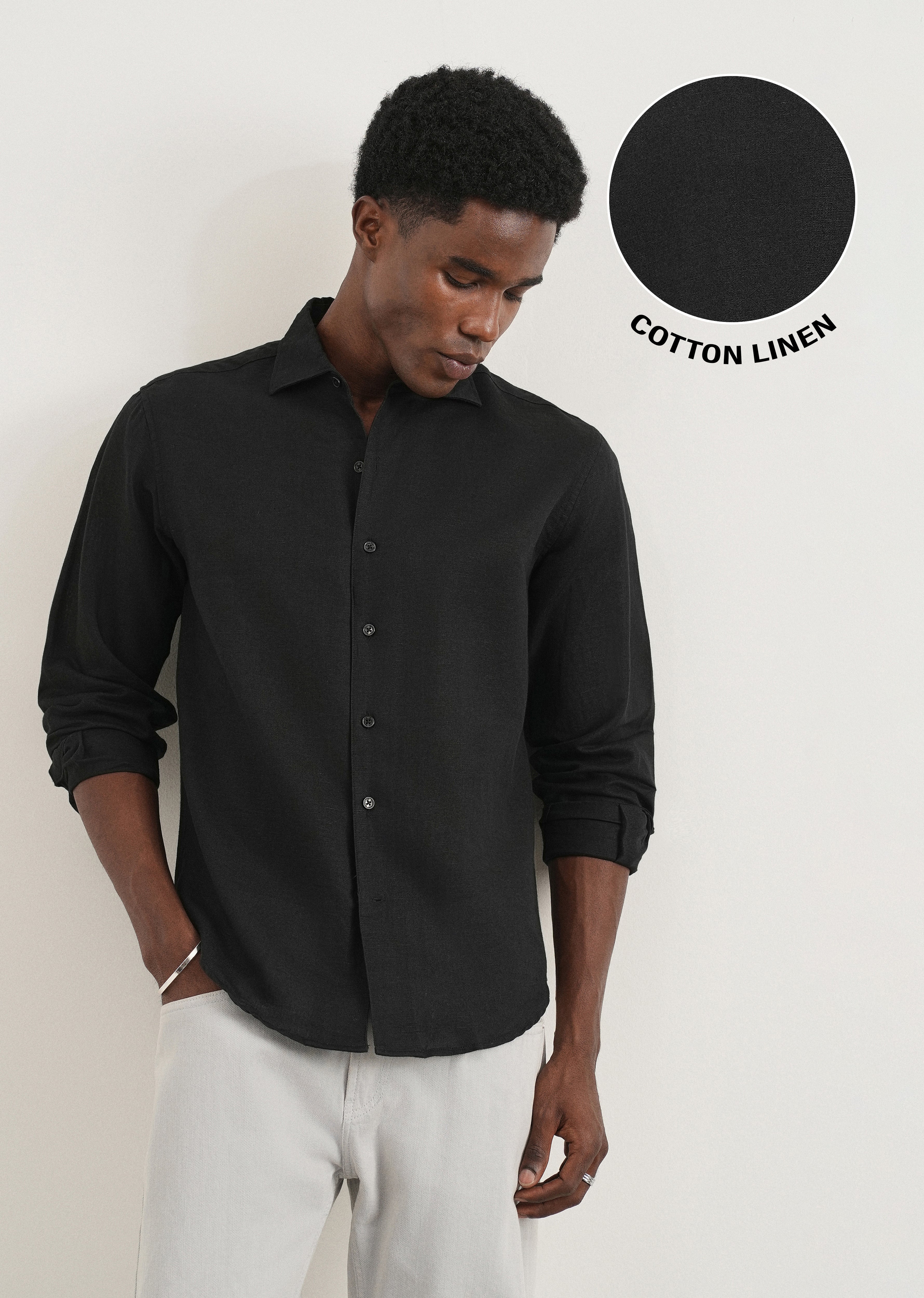 Black Plain Cotton Linen Shirt